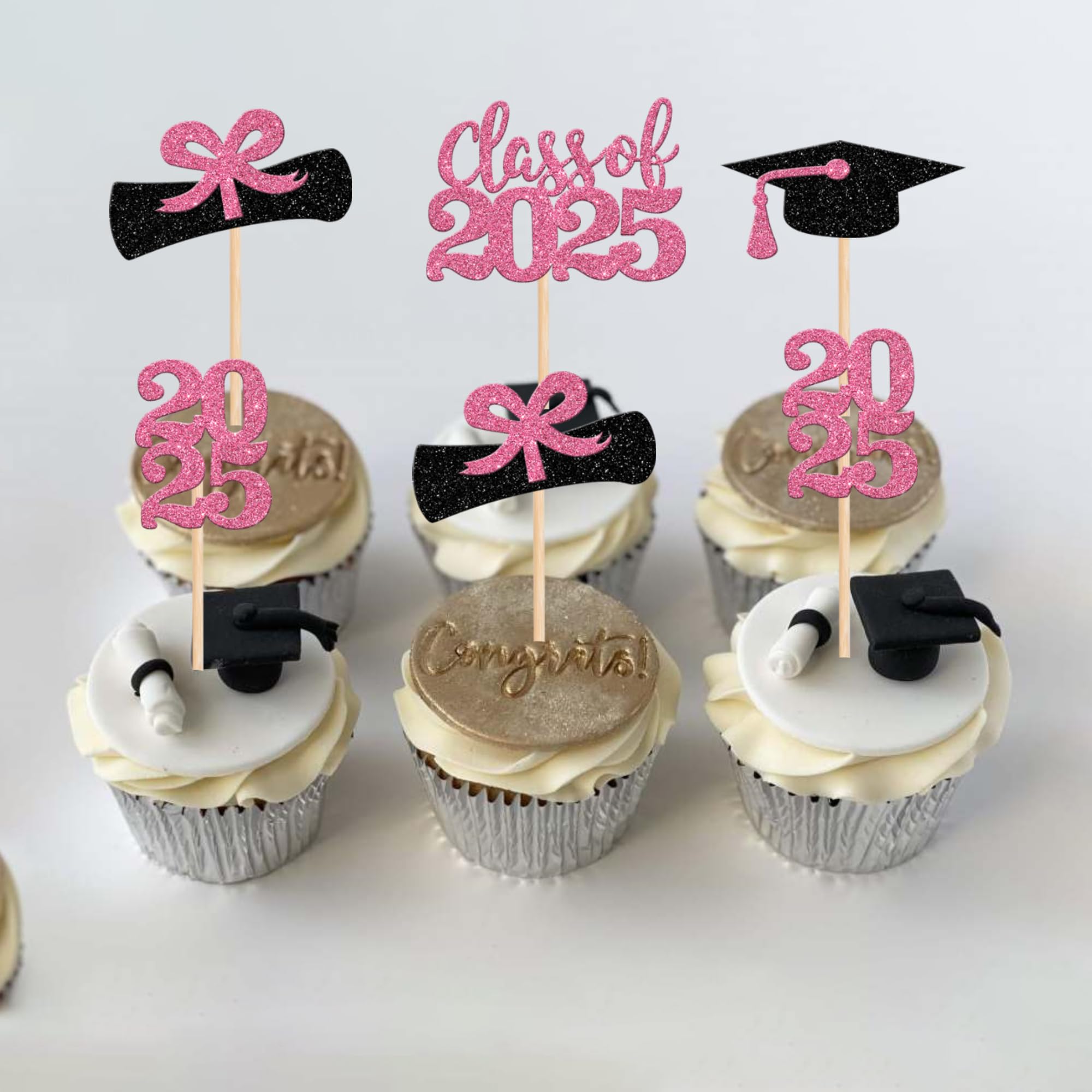 36 PCS 2025 Graduation Cupcake Toppers - Glitter Class of 2025 Diploma & Cap Cake Decorations - Pink Graduation Party Supplies for Cupcakes, Cakes & Desserts - Perfect for Graduation Ceremonies, Parties & Celebrations