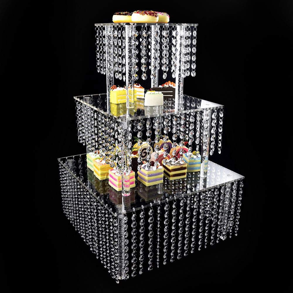 3-Tier Acrylic Cake Stand with Crystal Beads - Clear Cupcake Tower Dessert Display Platter for Birthday, Wedding & Party Decor - Perfect for Dessert Buffets, Bridal Showers, and Holiday Centerpieces