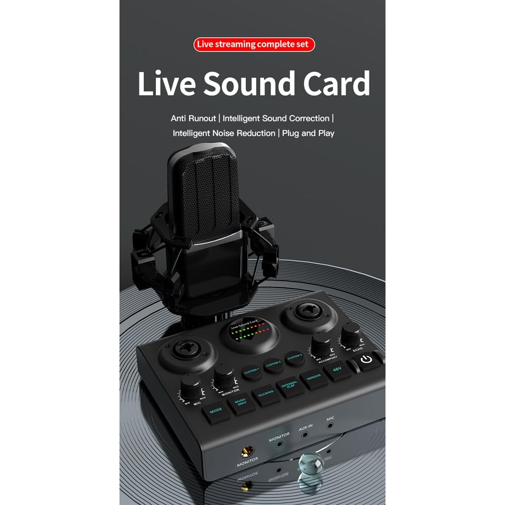 Jeenuuder Professional USB Microphone Sound Card - Portable Live Audio Interface for Singing, Streaming & Recording - Compatible with Mics & Instruments (Perfect for Karaoke, Podcasts & Home Studios)