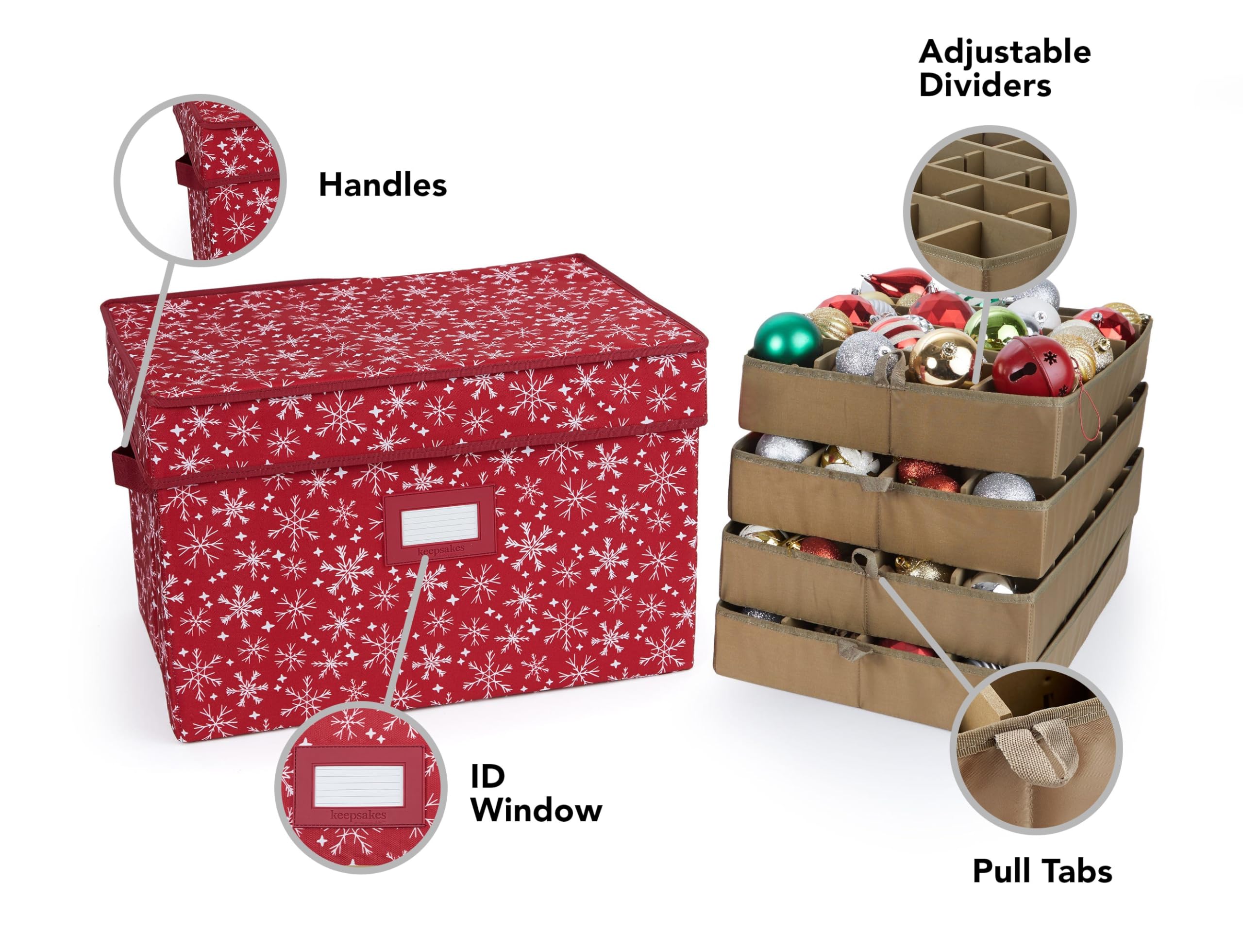 Covermates Adjustable Ornament Storage Box with Handles - Holiday Decor Organizer for Christmas Tree Ornaments, Red Snowflake Design | Perfect for Seasonal Decoration Protection & Compact Storage