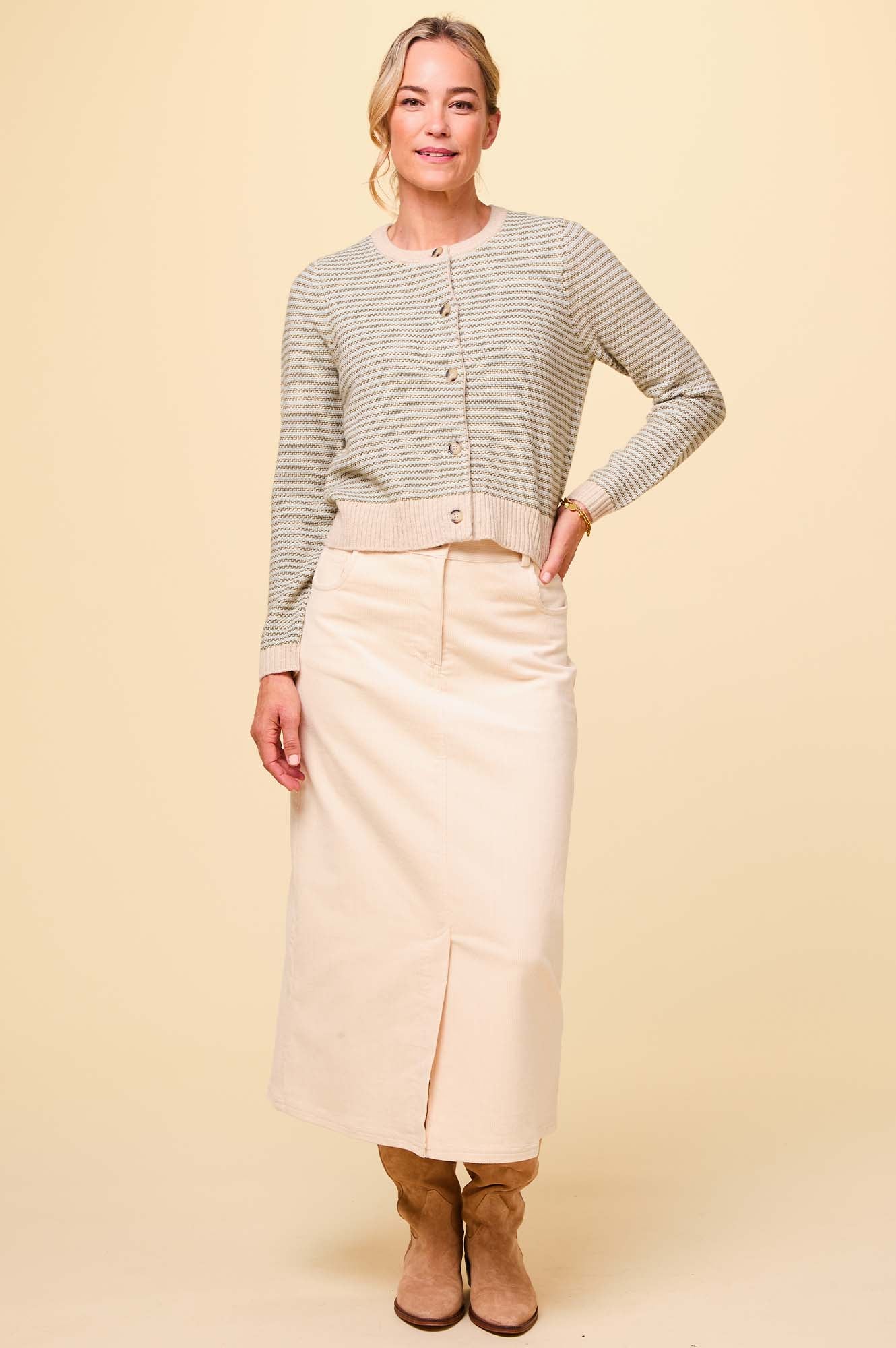 Mallory Stretch Corduroy Skirt for Women - Soft Comfortable High Waist A-Line Mini Skirt in Cream | Perfect for Fall Winter Outfits, Office Wear & Casual Dates