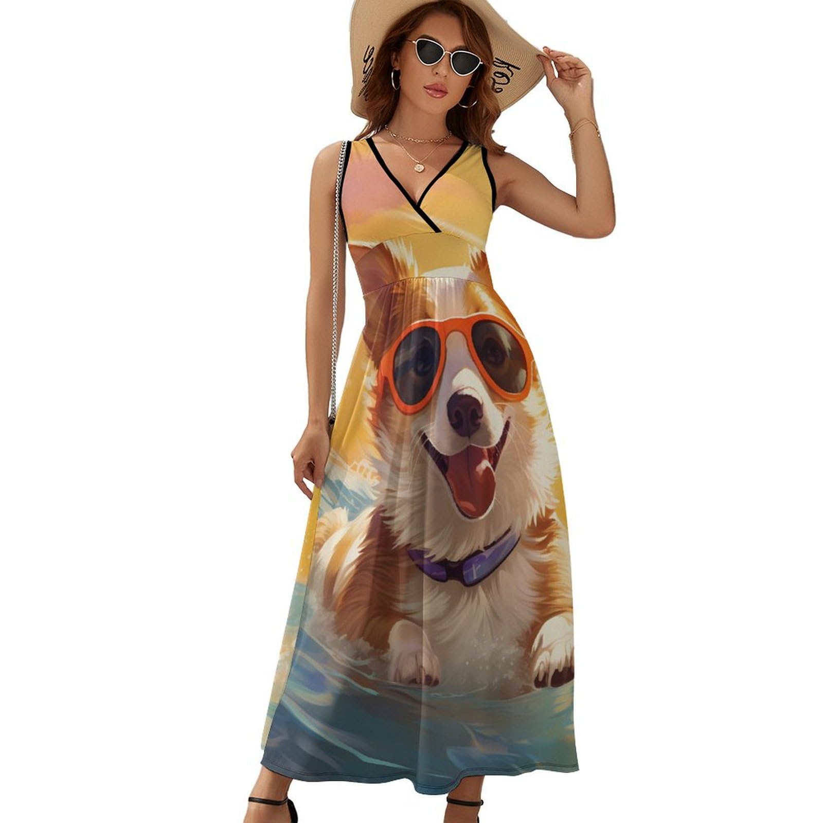 Cute Corgi Print Women's Summer Sleeveless Sundress - Loose Fit Maxi Beach Dress for Vacation, Pool Party & Casual Outings