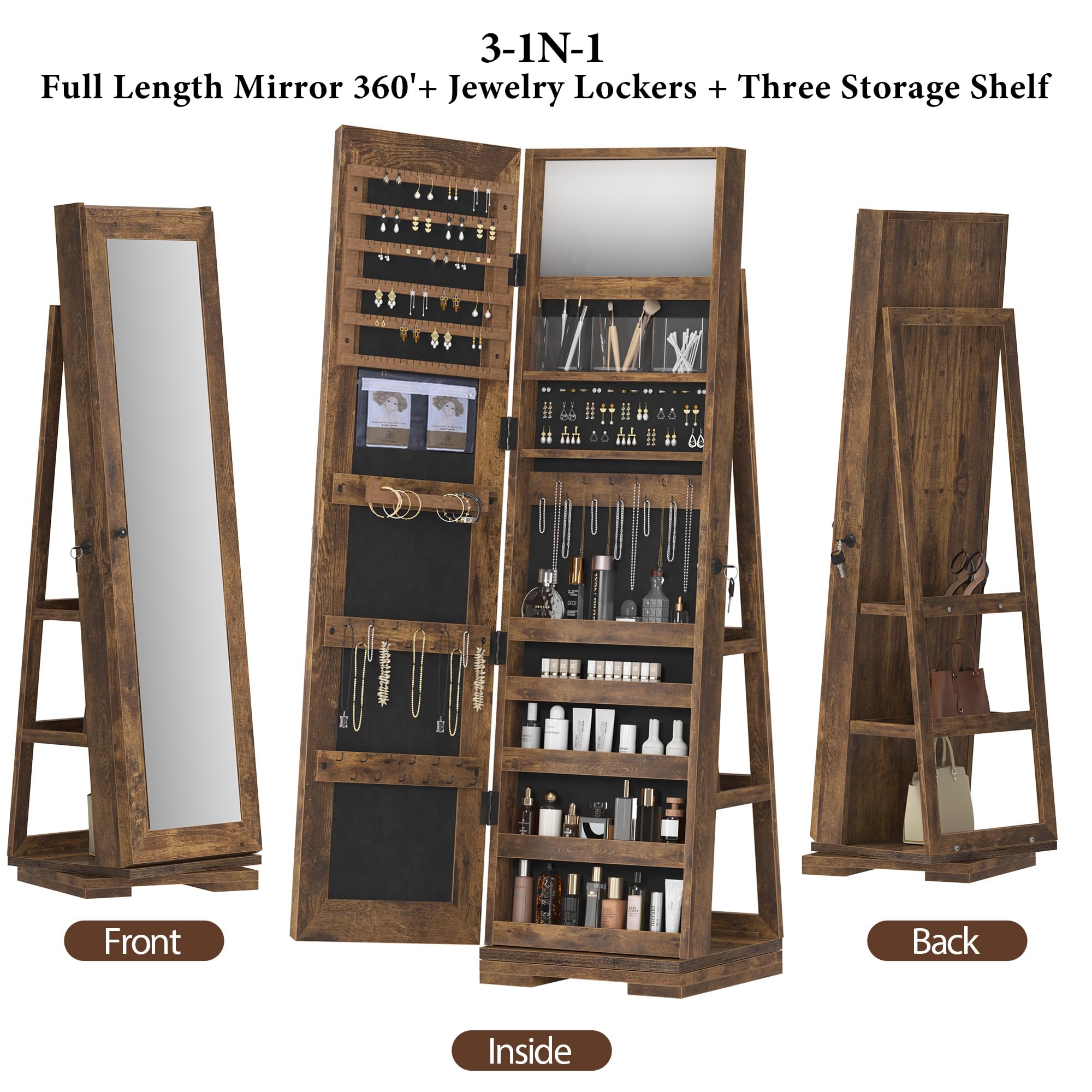 SogesFurniture Jewelry Armoire with Full-Length Mirror - 360° Rotatable Jewelry Organizer Cabinet, Free-Standing Lockable Jewelry Storage with Swivel Base - Rustic Brown | Perfect for Bedroom, Closet & Dressing Room Organization