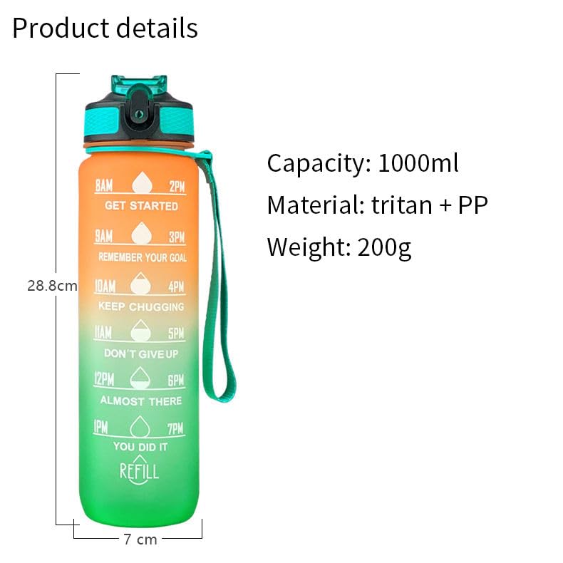 EPICK Unbreakable 1000ml Sports Water Bottle with Straw - Leakproof, BPA-Free Plastic Bottle for Gym, Hiking & Outdoor Activities (Orange & Green) - Ideal for Workouts, Travel & Daily Hydration