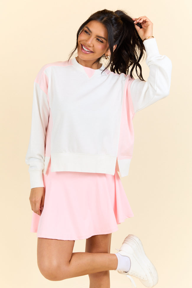 Overtime Pink and White Color Block Sweatshirt for Women | Trendy Casual Pullover | Perfect for Workouts, Lounging & Street Style