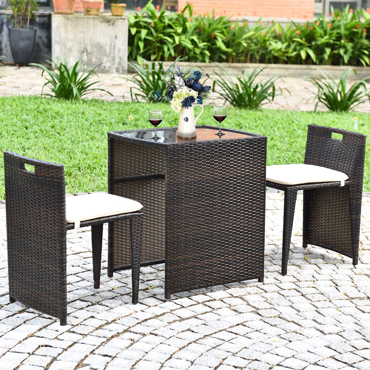 Tangkula 3-Piece Outdoor Rattan Dining Set with Tempered Glass Table & Cushioned Wicker Chairs - Patio Conversation Bistro Set for Garden, Balcony, Courtyard, Backyard (Brown) | Perfect for Outdoor Entertaining & Relaxation