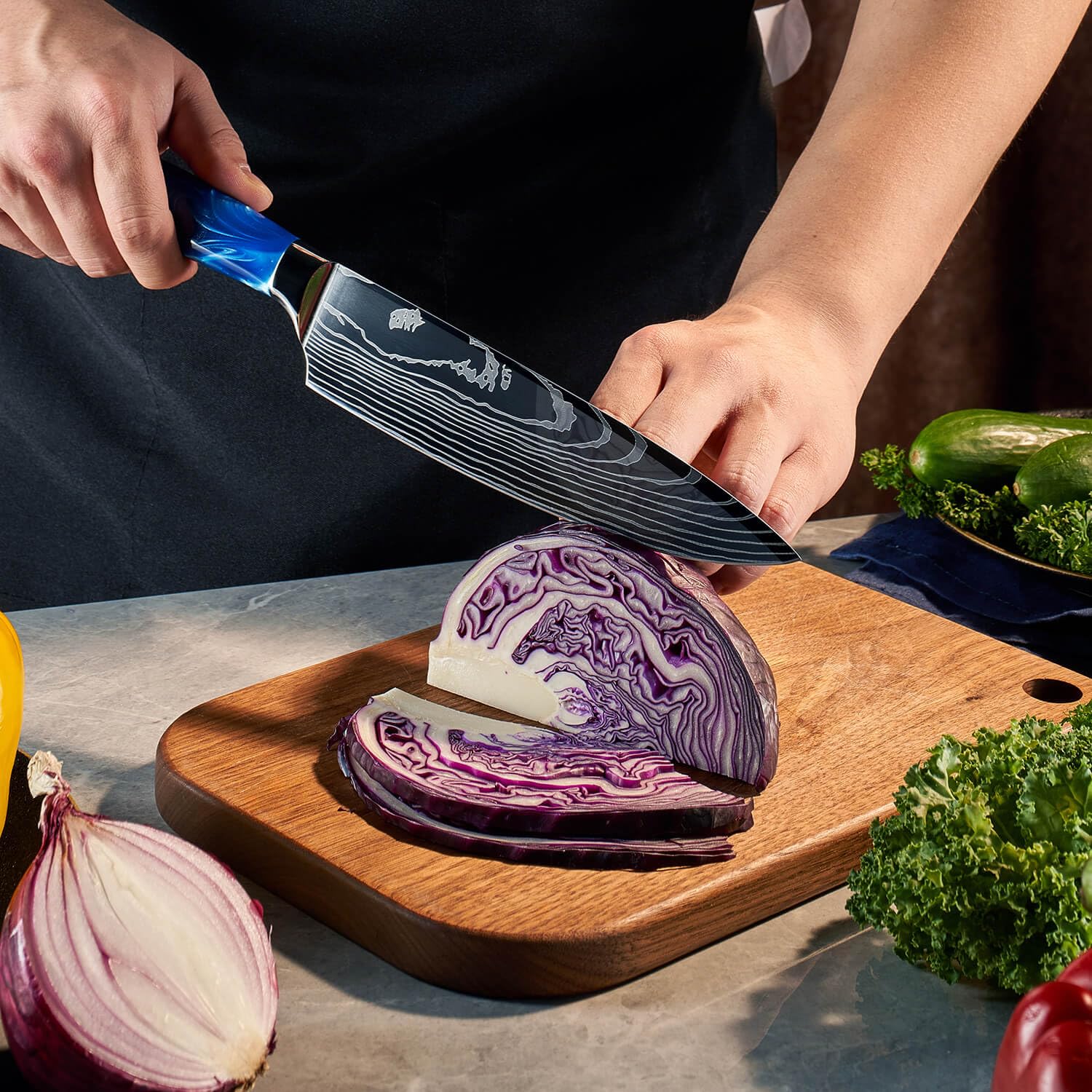 Premium 8-Piece Japanese Knife Set with Blue Resin Handle & Laser Damascus Blades - Chef Knife, Santoku, Bread & Paring Knives for Professional Cooking & Home Kitchen Use