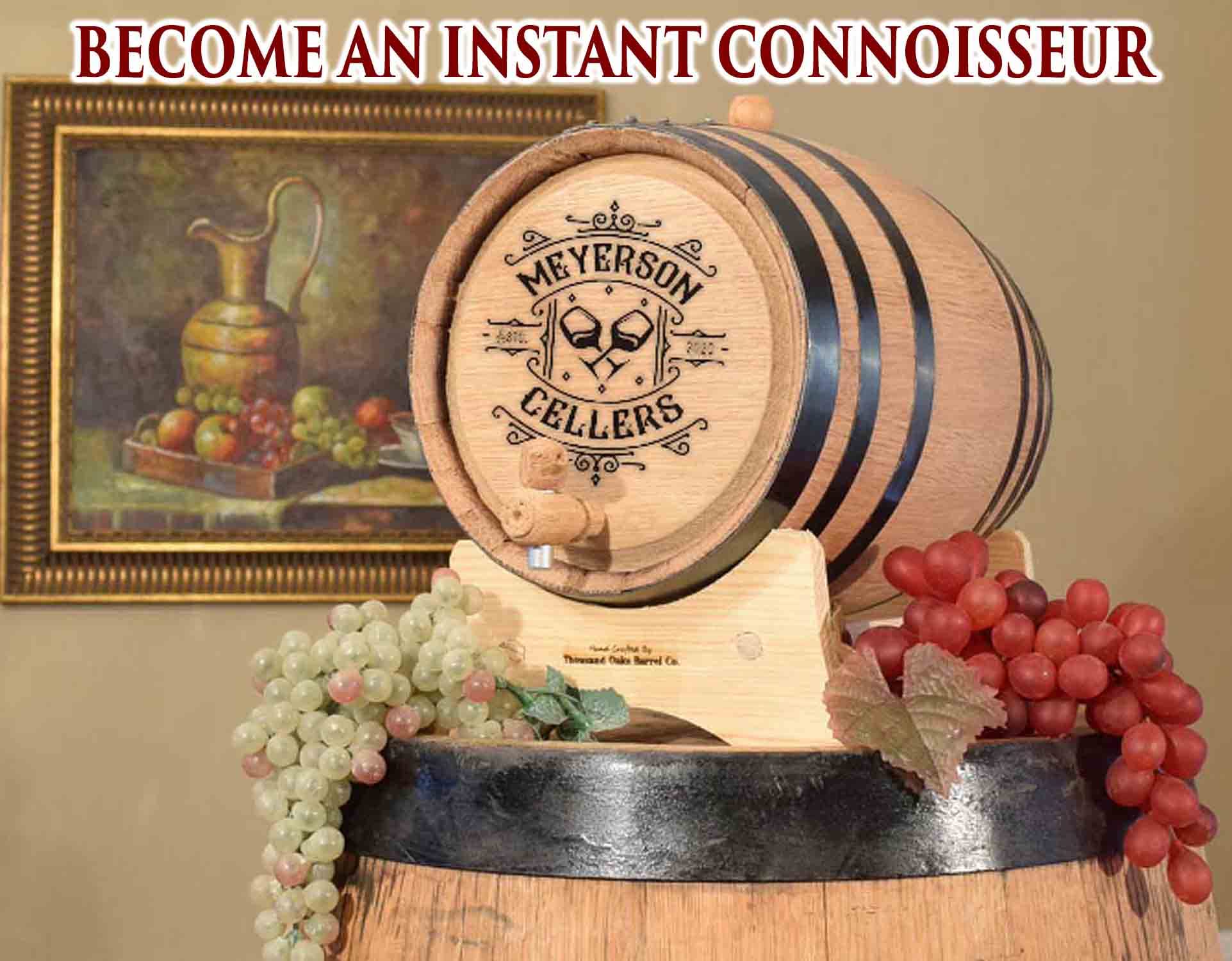 Personalized 1 Gallon (5 Liter) Premium Toasted American Oak Wine Aging Barrel with Bung, Spigot & Wood Stand - Custom Laser Engraved Cellar Design (B392) - Perfect for Home Brewing, Wine Making & Unique Gifts