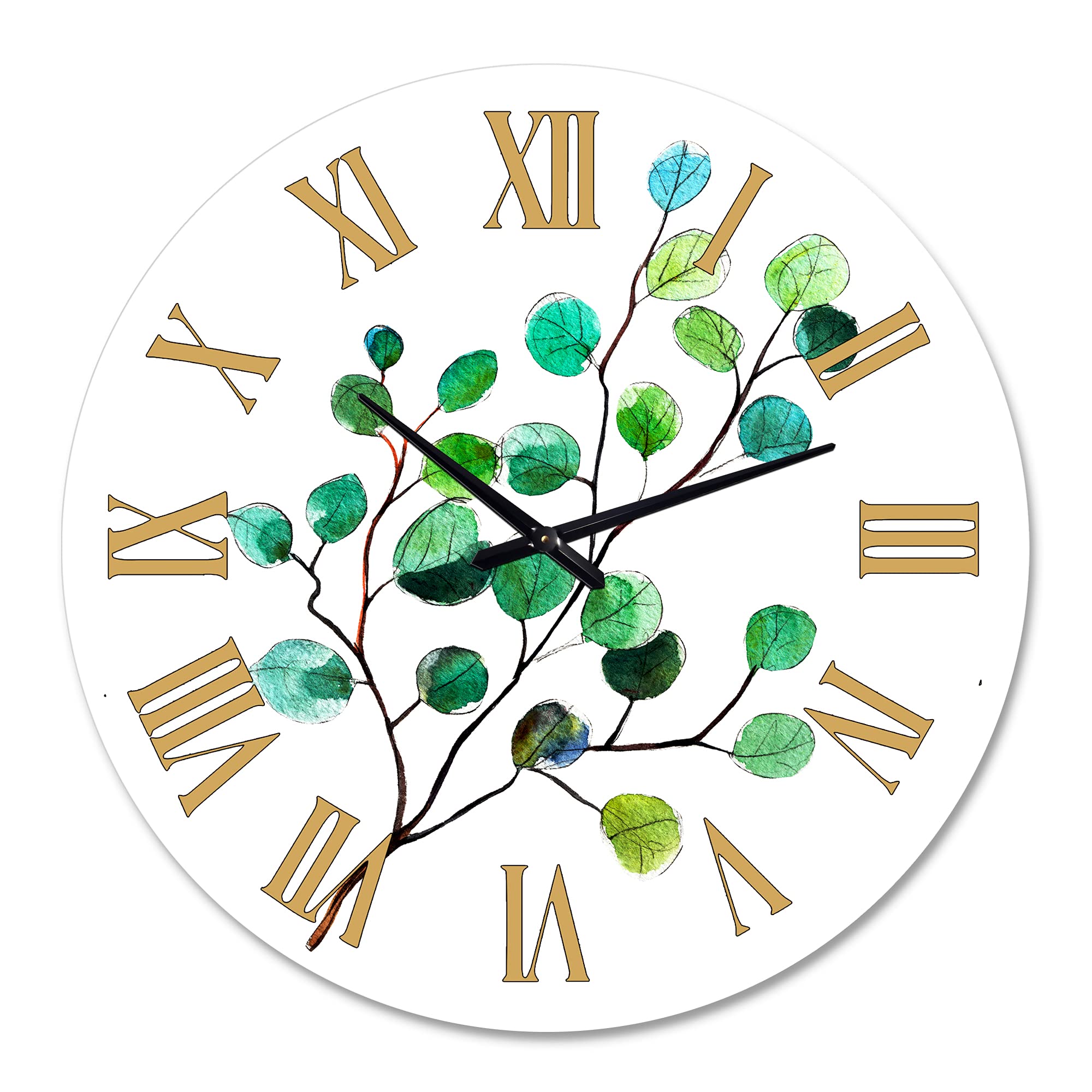 DesignQ Traditional Wall Clock 'Young Eucalyptus Leaves and Branches IV' - Large Floral & Botanical Wall Clock for Living Room, Bedroom, Office Décor - Green Home Decor (CLOCK37140)