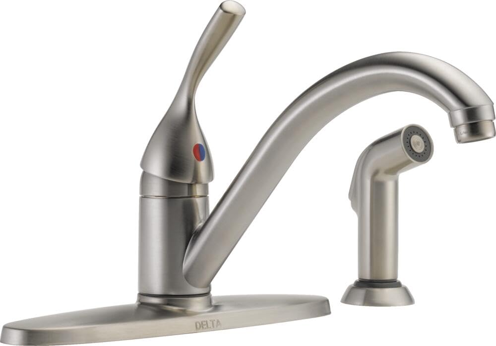 Delta Faucet Classic Single-Handle Kitchen Sink Faucet with Side Sprayer in Stainless Steel (400-SS-DST) - Durable Pull-Down Spray for Easy Cleaning | Perfect for Modern Kitchens & Food Prep Areas