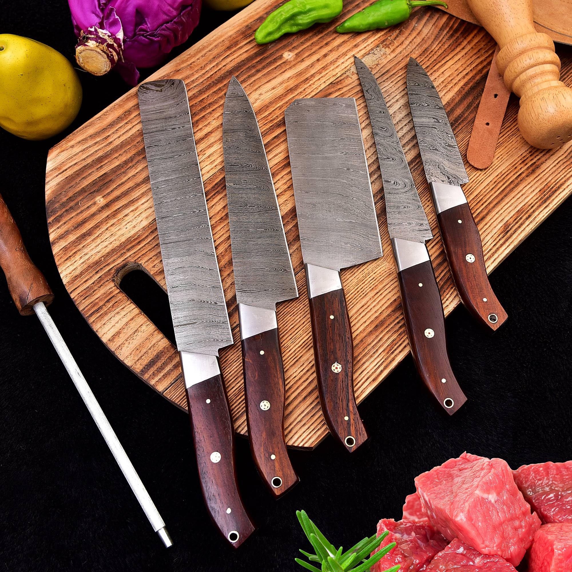 Premium Damascus Steel 6-Piece Professional Kitchen Knife Set with Leather Roll - Handcrafted Utility Knives for Chefs & Home Cooking (Brown) - Perfect for Slicing, Dicing & Food Prep