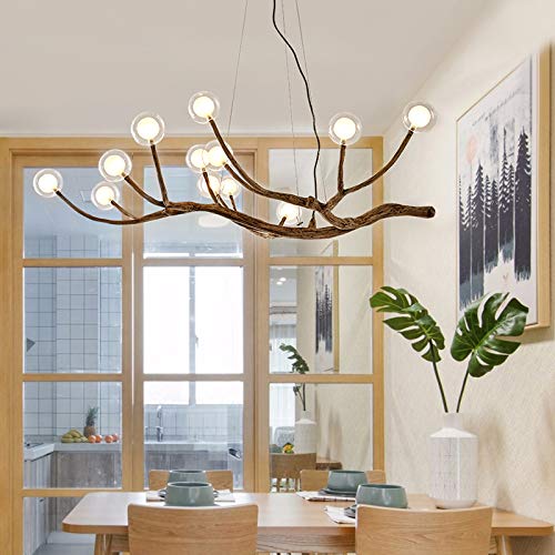 Modern Adjustable Wood Branch LED Chandelier - 36W 12-Light Glass Globe Pendant Light Fixture with White Bulbs Included - Perfect for Living Room, Dining Room, Restaurant & Bar Decor