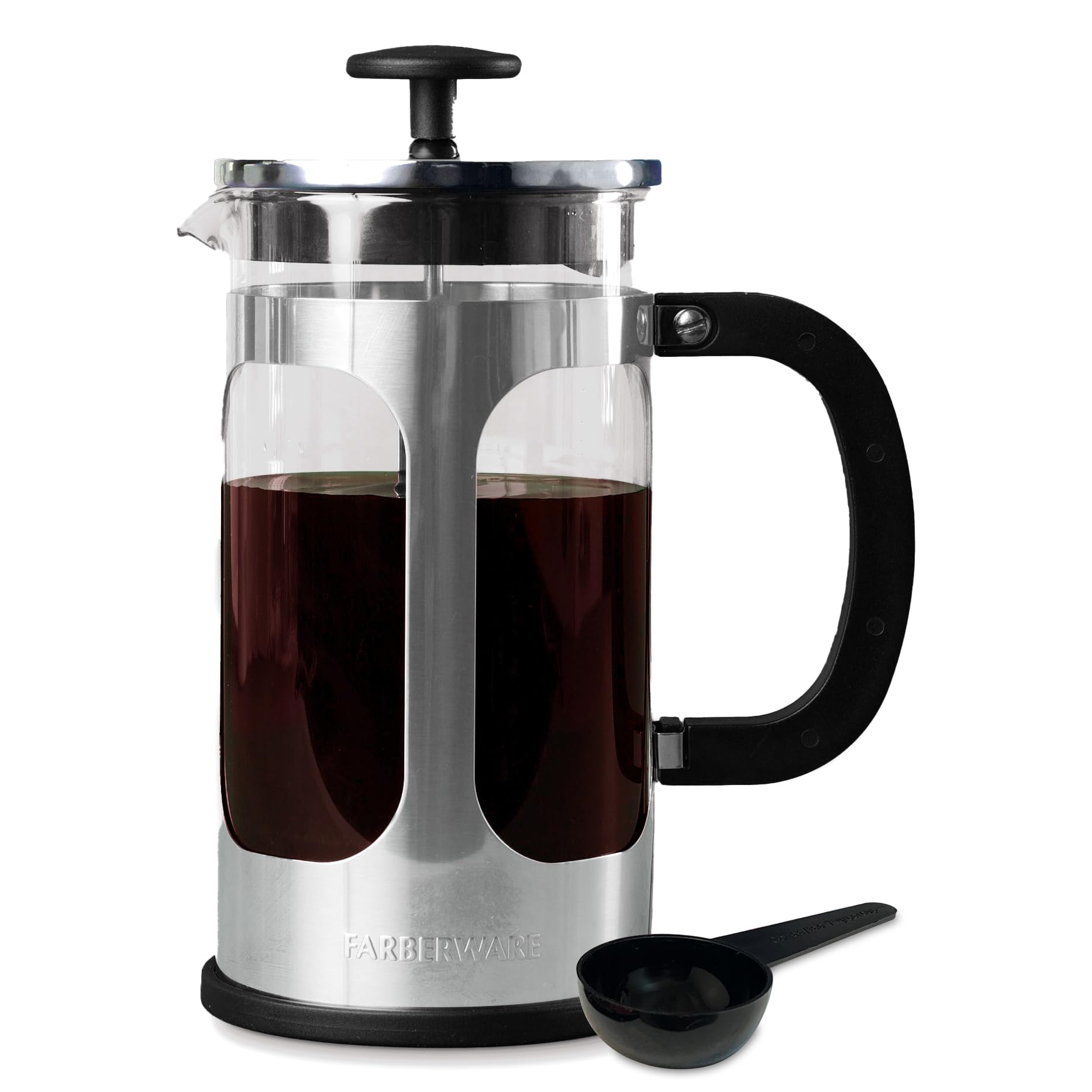 Farberware Stainless Steel French Press Coffee Maker - 8 Cup Capacity, BPA-Free, Heat-Resistant Borosilicate Glass for Hot & Cold Brew Coffee, Tea, Espresso | Includes Measuring Spoon | Perfect for Home, Office & Camping Use