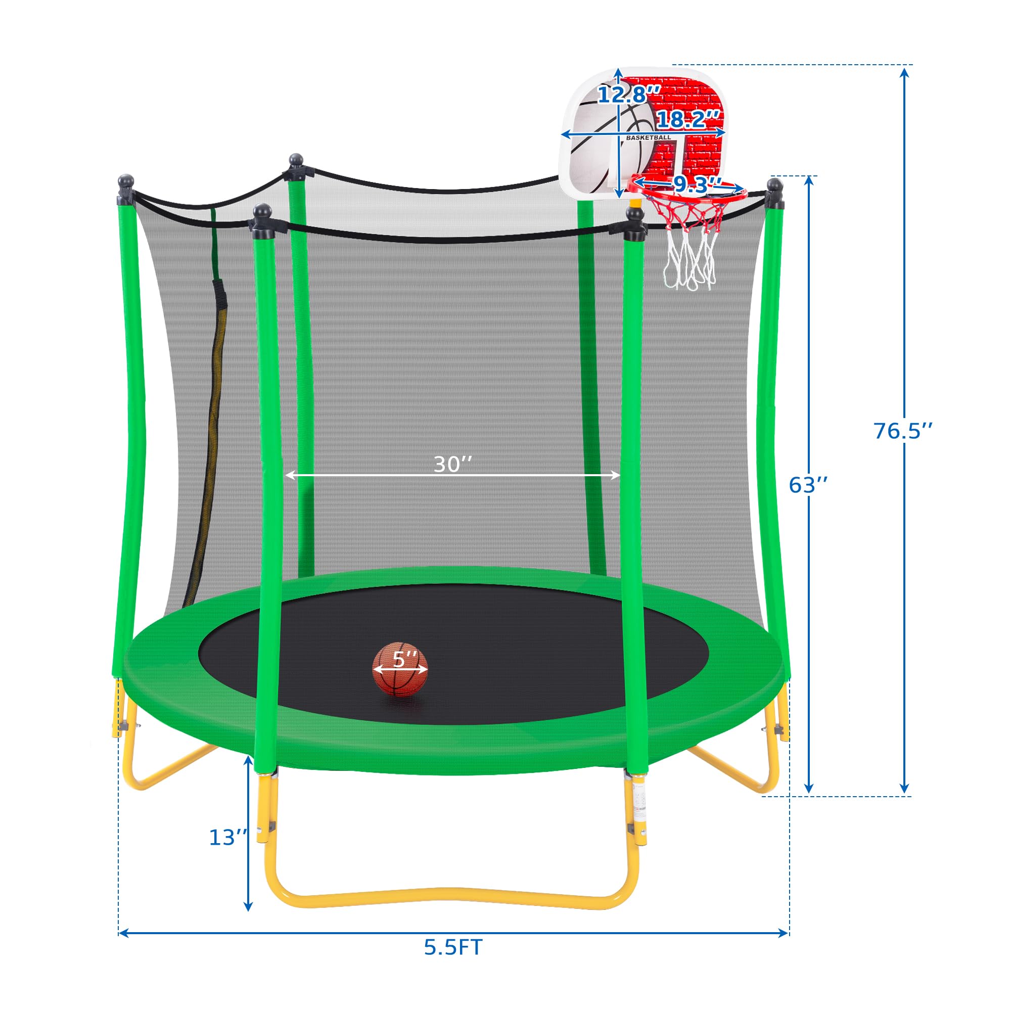 Merax 66'' Kids Trampoline with Basketball Hoop & Safety Enclosure Net - 5.5FT Mini Trampoline for Toddlers Ages 1-8 | Indoor/Outdoor Bounce Toy with Rubber Ball | Perfect Birthday Gift for Active Kids | Great for Backyard Play, Exercise & Birthday Parties