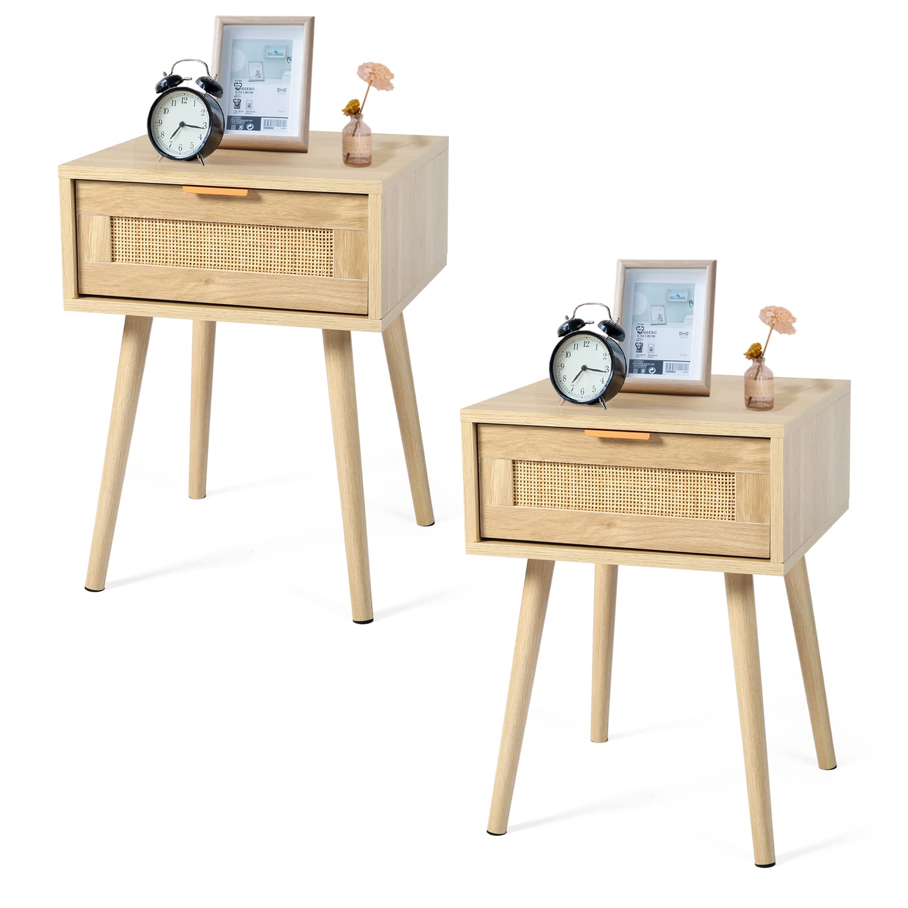 LAZZO Set of 2 Wooden Nightstands with Rattan Weaving Drawers - Modern Bedside Tables for Bedroom Storage, Night Stands with Drawer Organizer - Perfect for Small Spaces, Guest Rooms & Apartment Living (Set of 2)