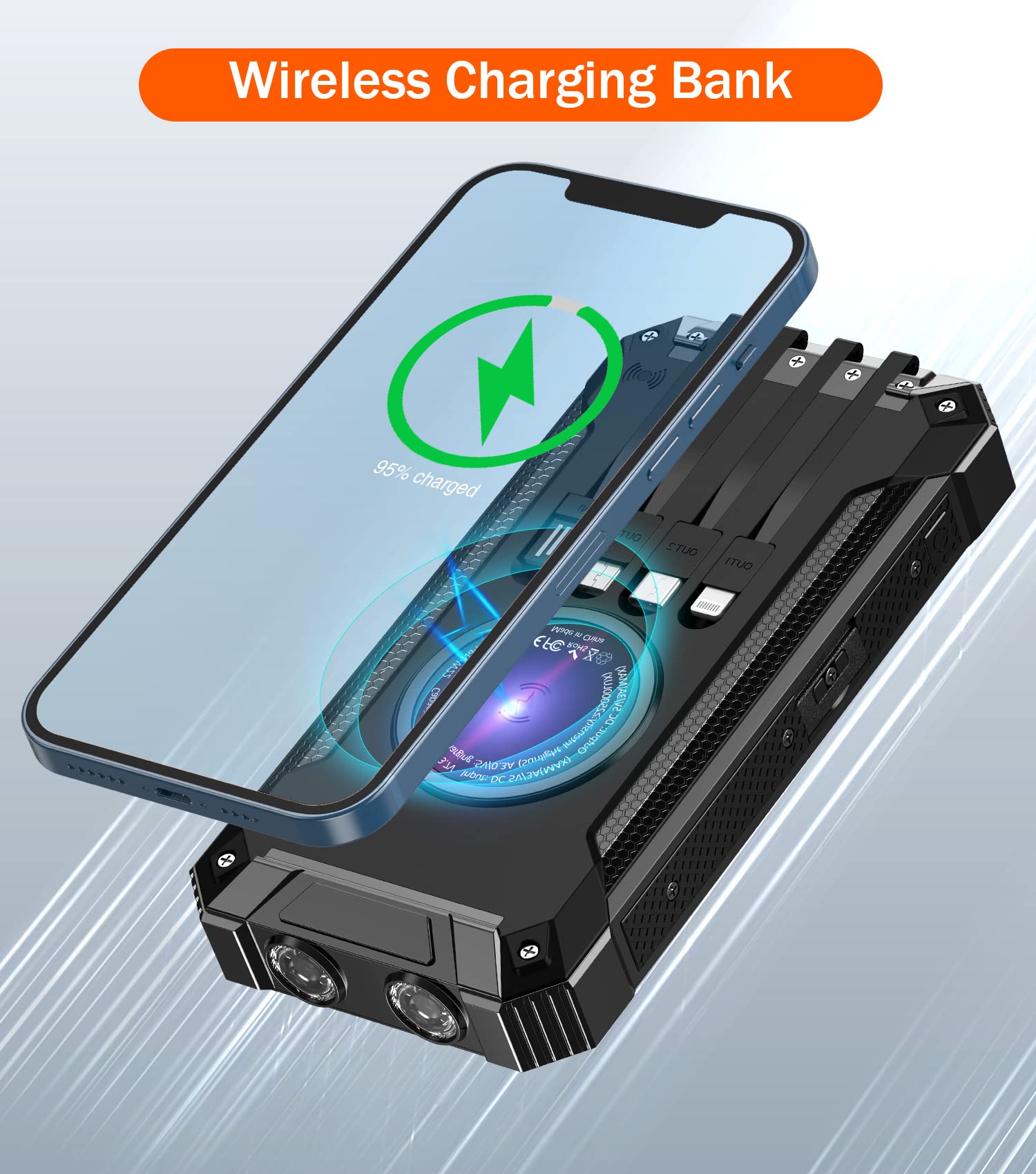 36000mAh Wireless Power Bank with 15W Fast Charging - Built-in 4 Cables & 6 Outputs for iPhone, Samsung, Android Devices | Solar Portable Charger with Dual Flashlights & Carabiner Clip | Perfect for Camping, Travel, and Emergency Power Backup