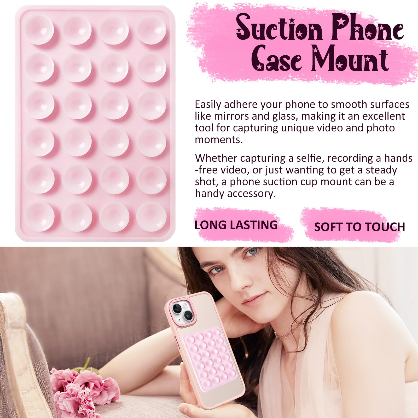 Sticky Silicone Suction Phone Mount Holder - Universal Adhesive Phone Accessory for iPhone, Samsung & Smartphones - Hands-Free Shower Mirror Mount for Selfies, TikTok Videos & Driving (Purple) - Perfect for Bathroom, Car & Home Use
