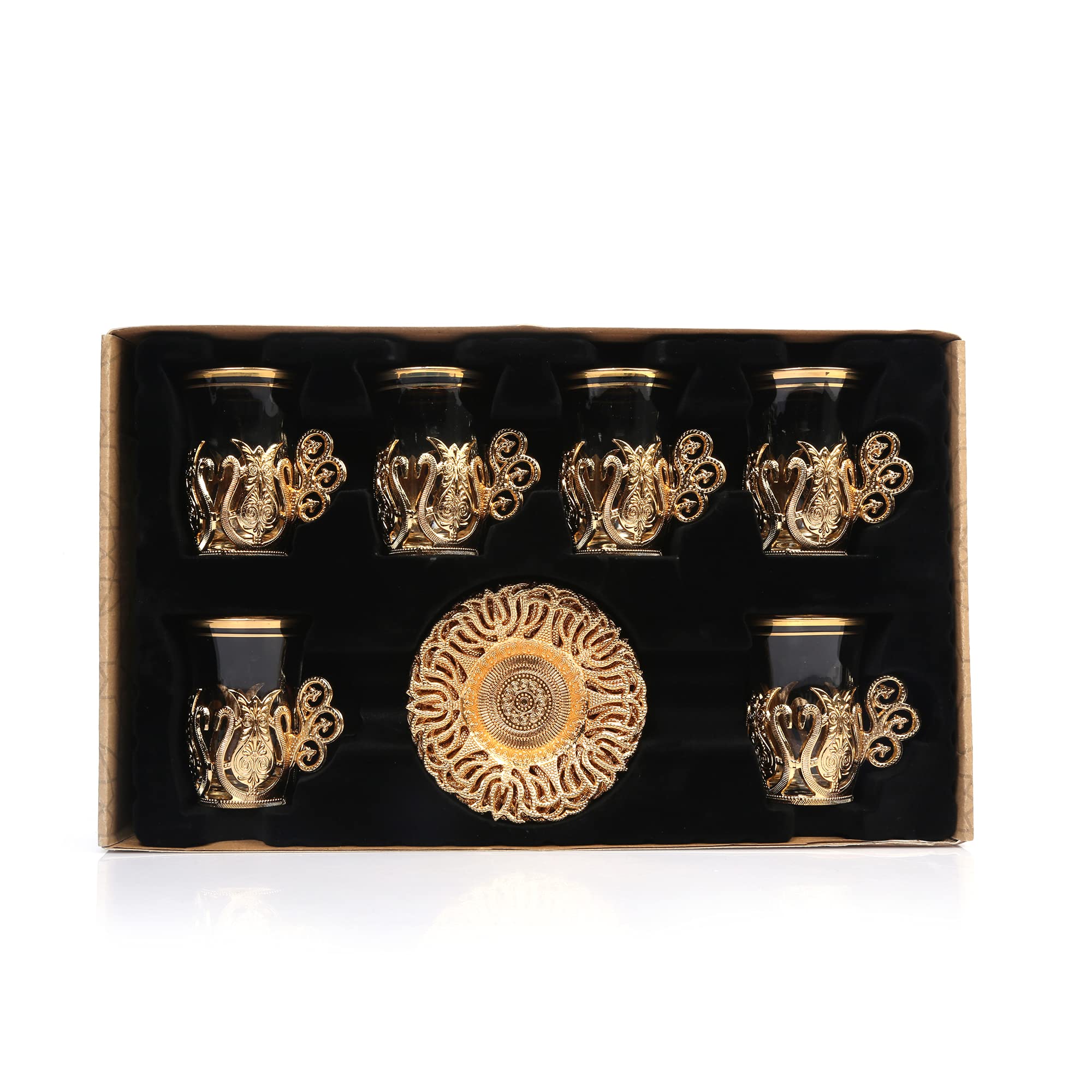 Handmade Turkish Tea Set - 6 Piece Ottoman Style Zamzam Serving Glasses with Saucers & Spoons (Gold) - Perfect for Traditional Tea Ceremonies & Home Decor
