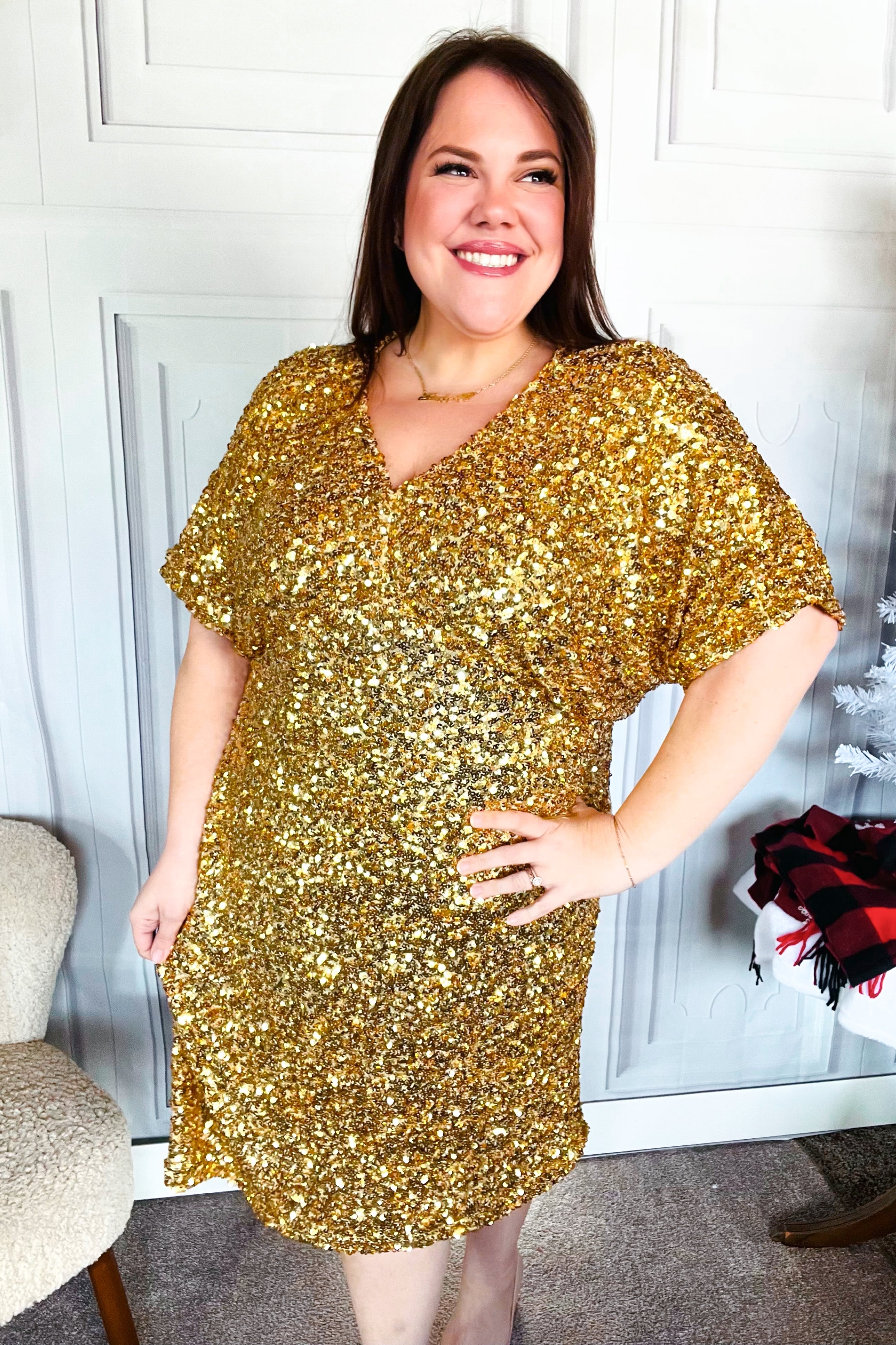 New Year Diva Dolman Gold Sequined Lined Babydoll Dress - Elegant Party Wear for NYE, Cocktail Parties & Special Occasions
