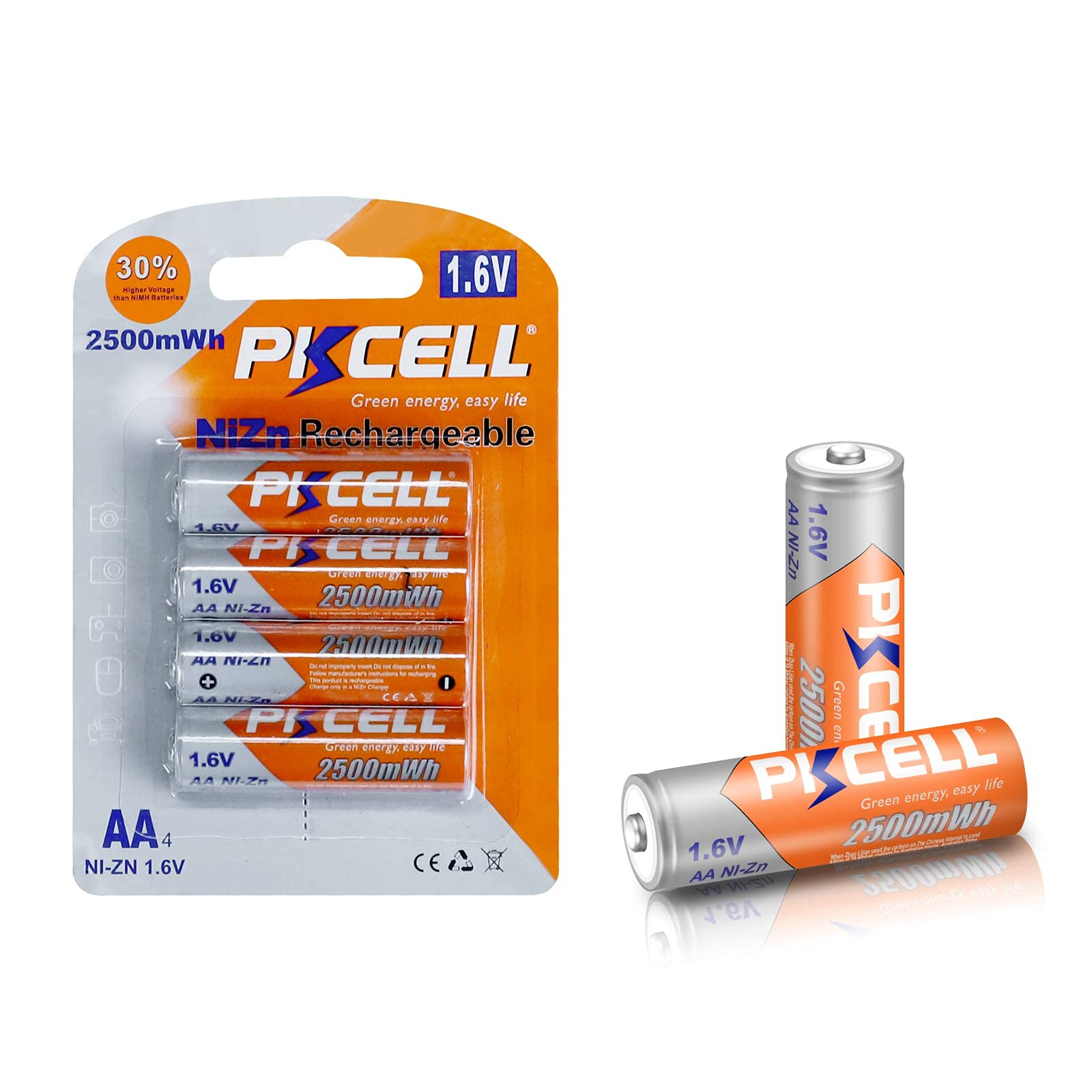 PKCELL Rechargeable AA Batteries 1.6V NiZn 2500mWh - 4 Pack for Thermometers, Digital Cameras, Flashlights & Power Tools | Long-Lasting Eco-Friendly Batteries for Home & Office Use