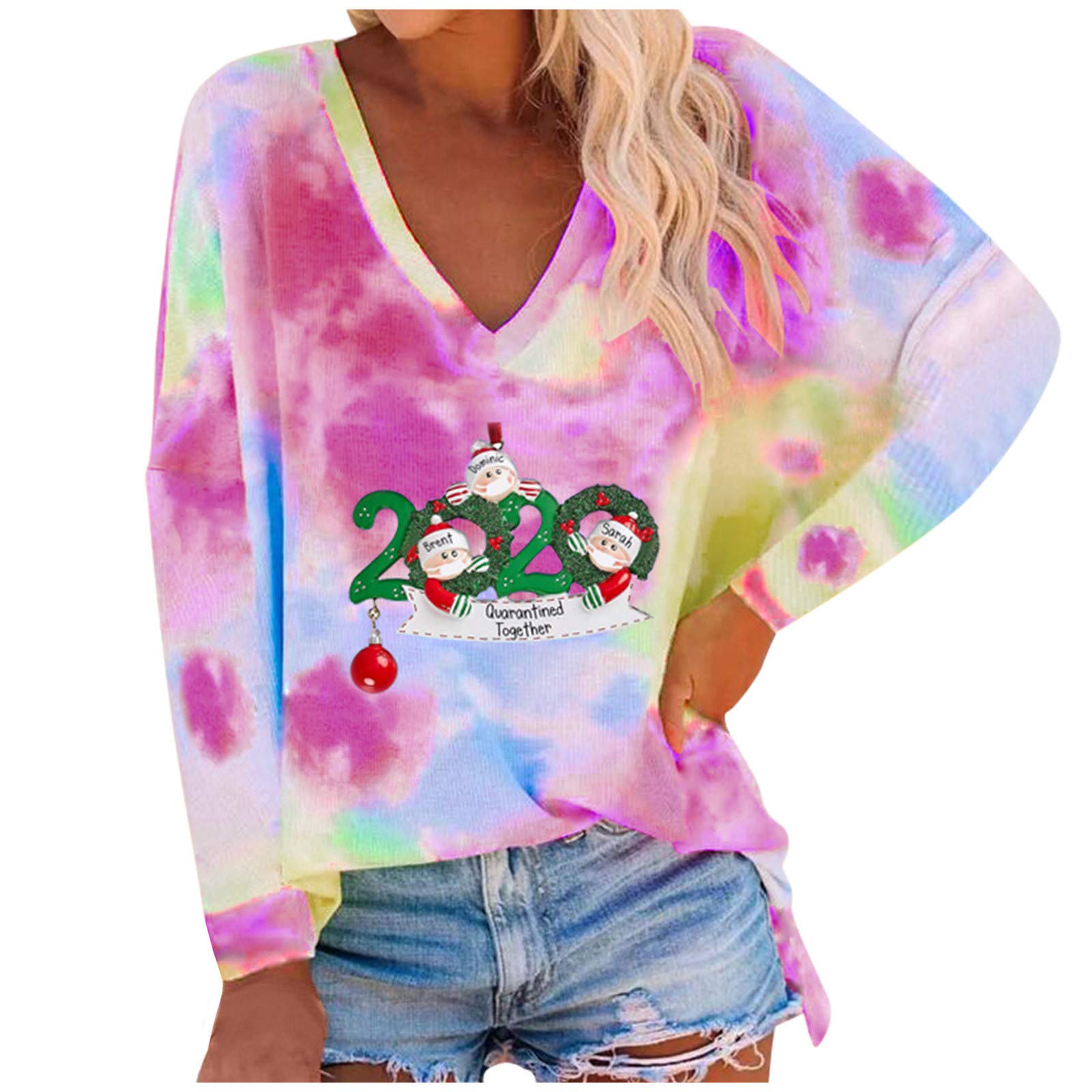 Women's White V-Neck Tank Tops - Christmas Tie-Dye Print Pullover for Winter - Casual Wear, Holiday Outfits & Layering Essentials