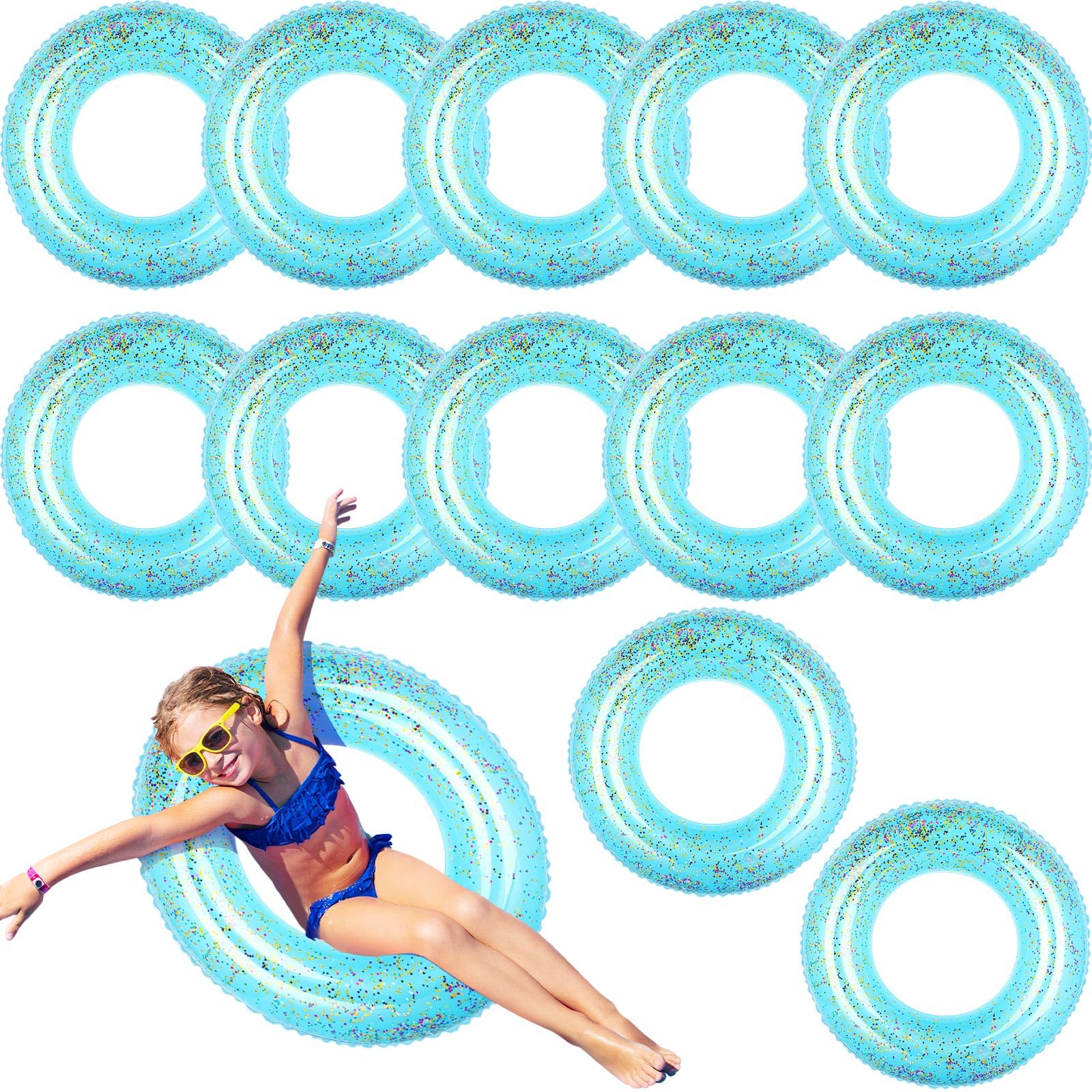 12 Pack Glitter Inflatable Swim Rings for Kids - Fun Round Pool Floats, Summer Beach Party Supplies for Boys & Girls - Perfect for Pool Parties, Beach Trips & Backyard Fun