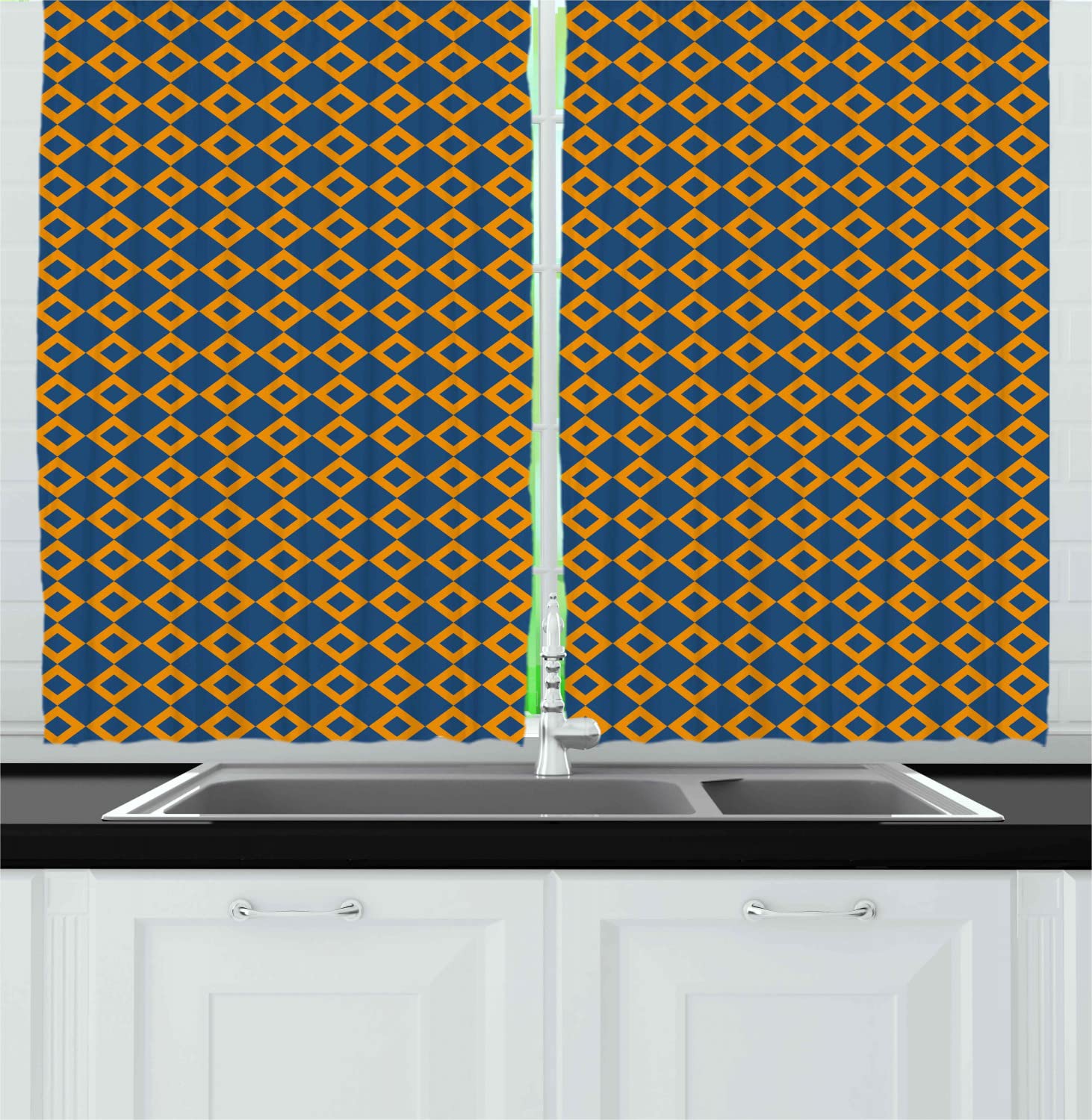 Ambesonne Vintage Long Kitchen Curtains - Classic Checkered Pattern with Chain Mesh Design, Rod Pocket Window Drapes (Set of 2 Panels, 55
