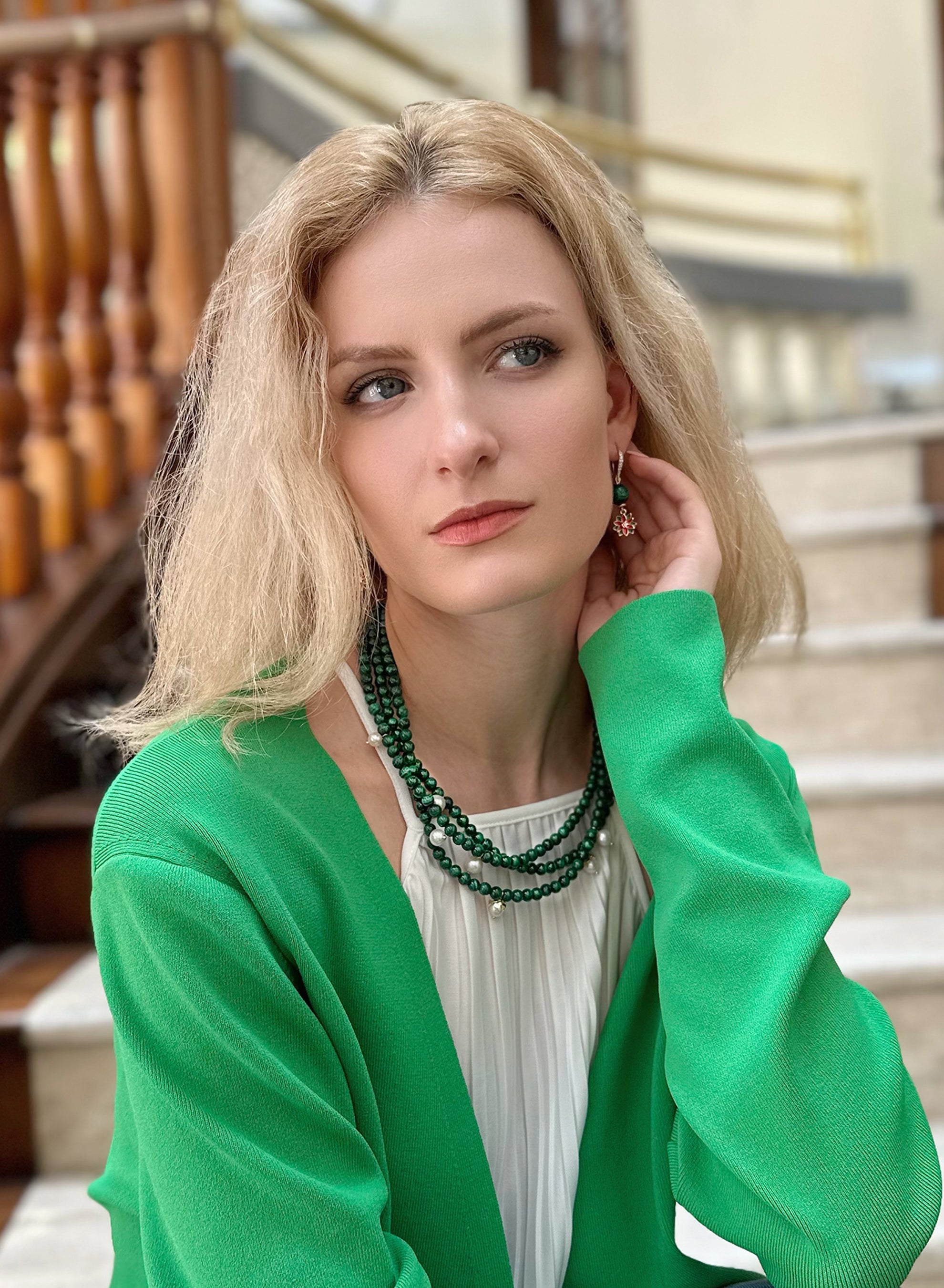 Malachite Dangle Earrings with Christmas Flower Design - Elegant Holiday Jewelry Gift for Women (Perfect for Christmas Parties & Festive Occasions)