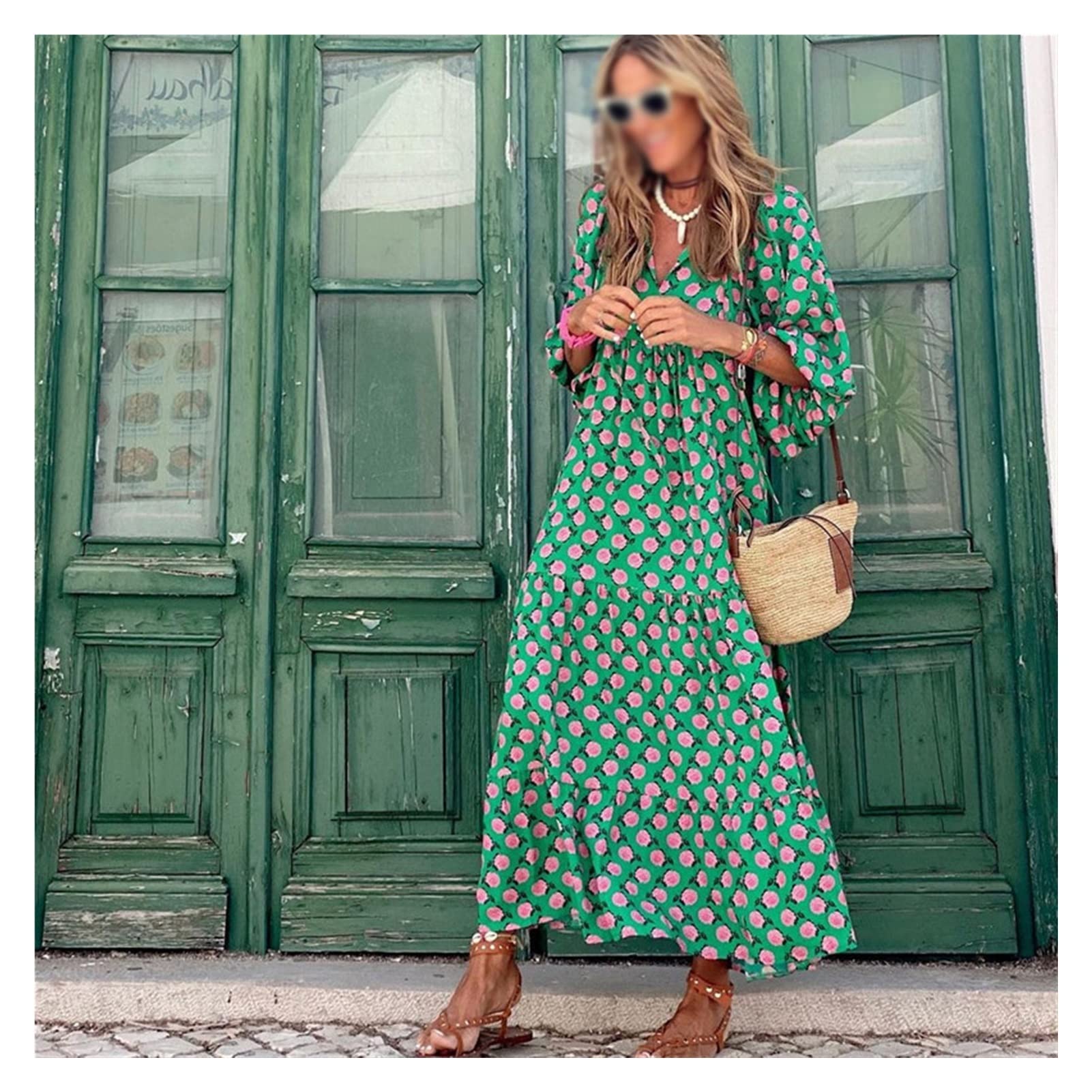 HTKLCZ Women's Summer Lantern Sleeve V-Neck Printed Maxi Dress - Green Long Party Dress Size L | Beach Vacation, Evening Out, Holiday Celebration