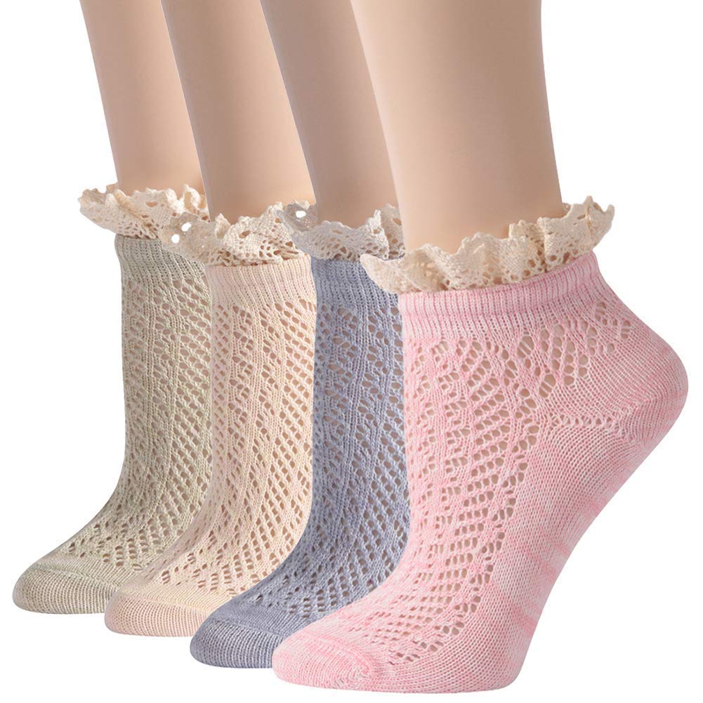 Women's Lace Ruffle Floral Ankle Socks - Cute Frilly Novelty Socks for Women & Girls - Perfect for Casual Wear, Dresses & Fashion Accessories