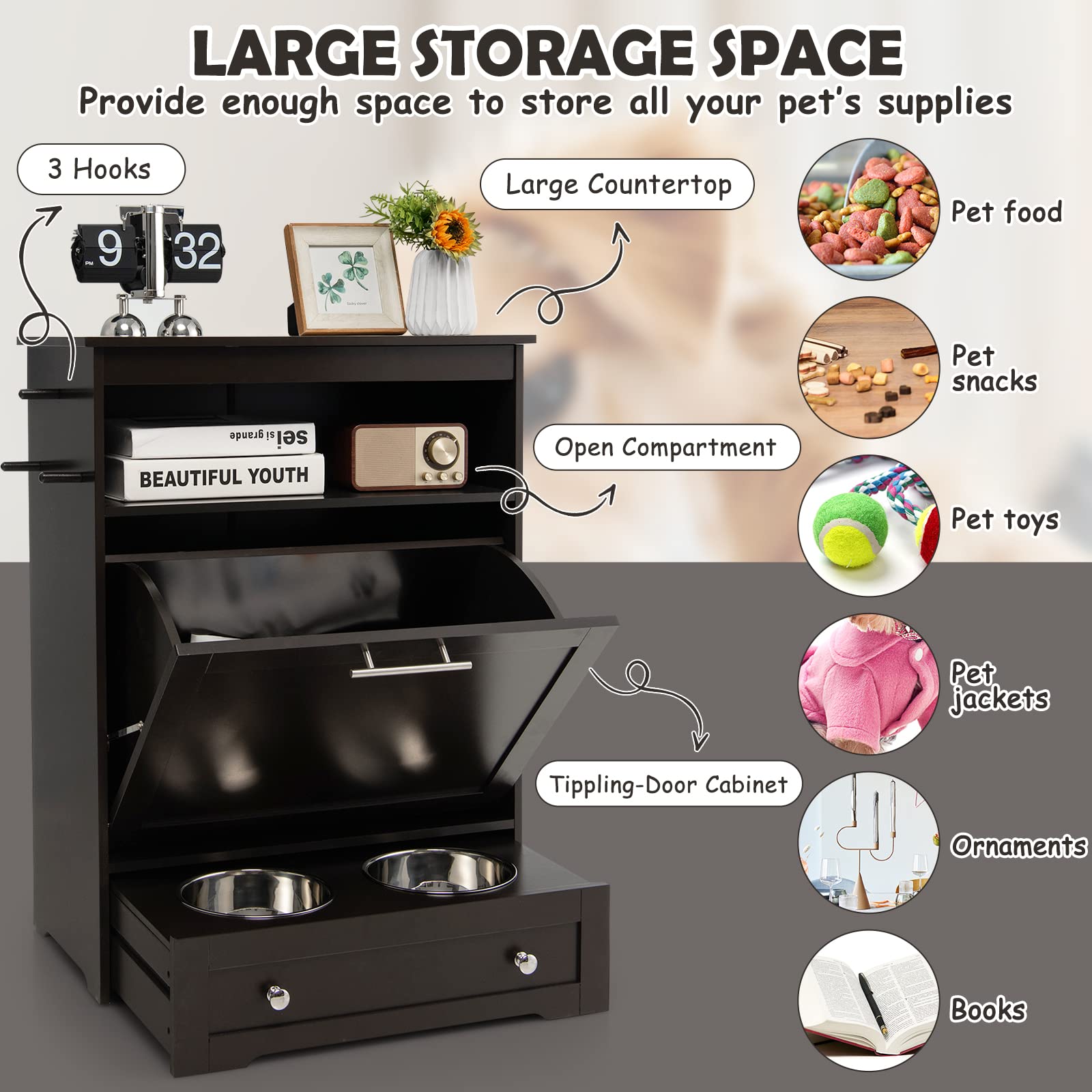 PETSITE Large Pet Feeder Station - Dog Food Storage Cabinet with Stainless Steel Double Pull-Out Raised Bowls for Feeding & Watering Supplies, Pet Toy Organizer (Brown) - Perfect for Kitchen, Laundry Room or Garage Pet Feeding Station