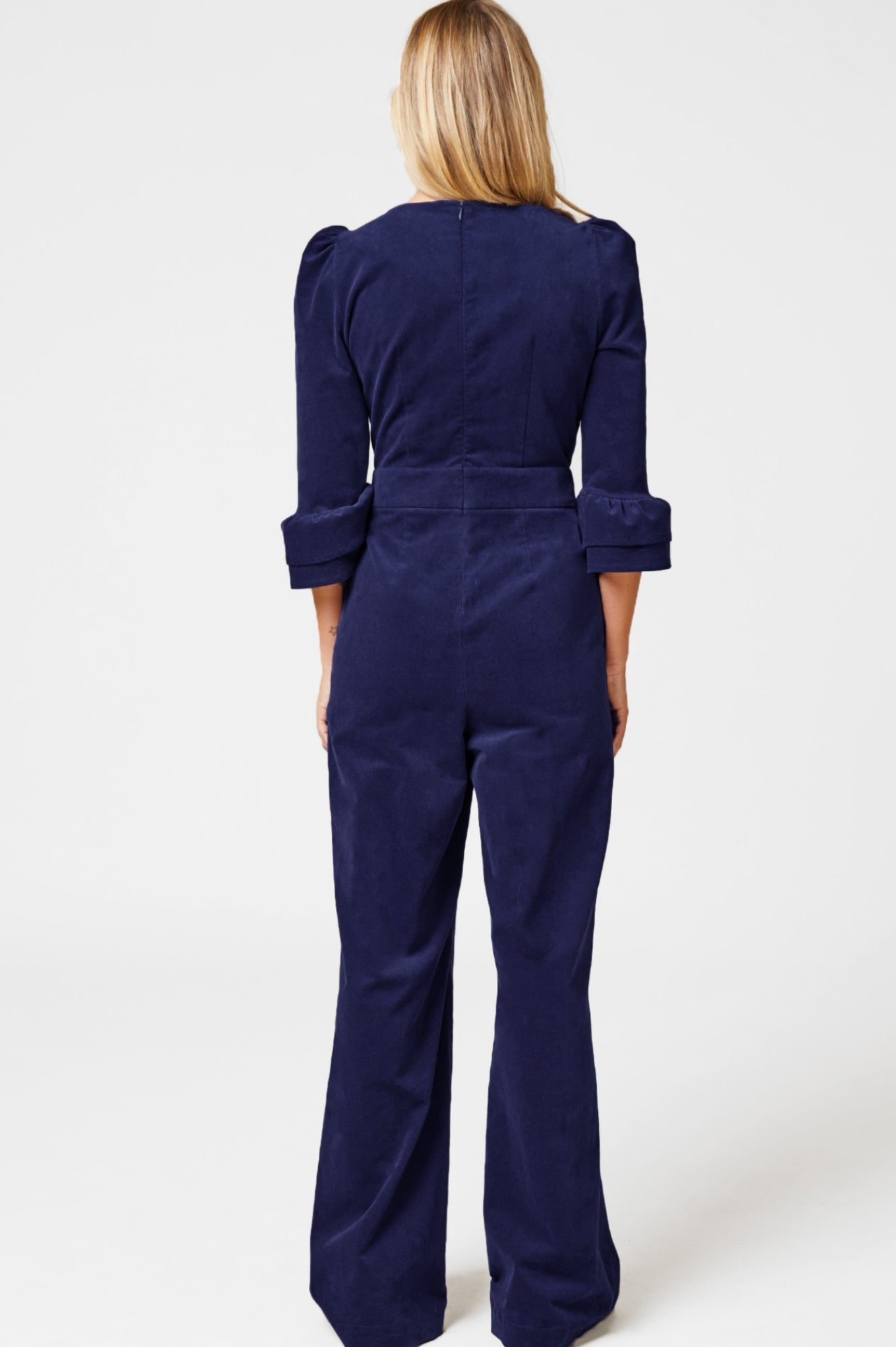 Victoria Women's 3/4 Sleeve Stretch Corduroy Jumpsuit in Atlantic Blue | Comfortable Casual Outfit for Fall & Winter | Perfect for Office, Date Night and Weekend Outings