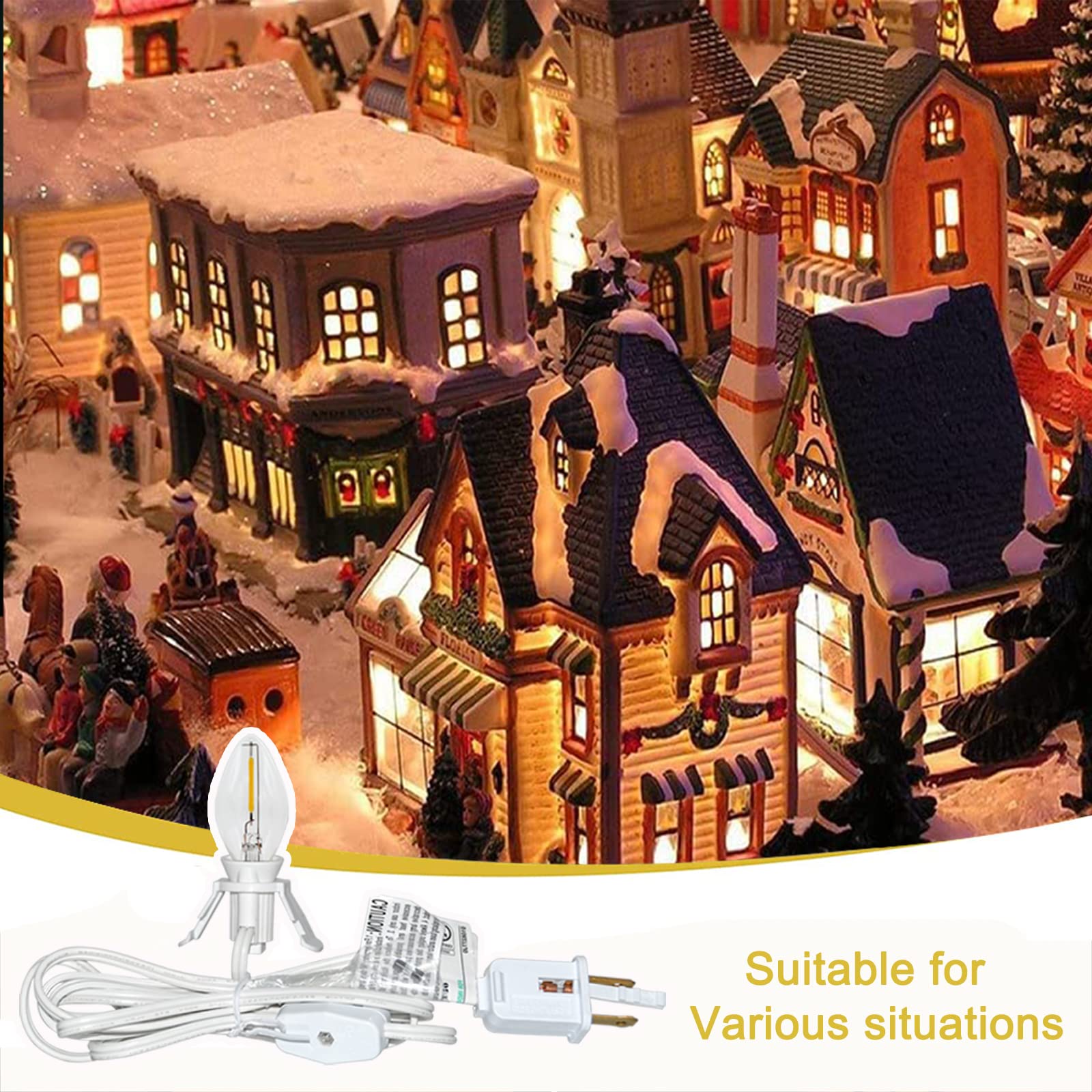 4-Pack LED Clip Lights with 6Ft Cord & On/Off Switch - 8 C7 Bulbs Included (4 Spare) - White Craft Lighting for Halloween, Christmas Village, DIY Home Decor & Party Displays