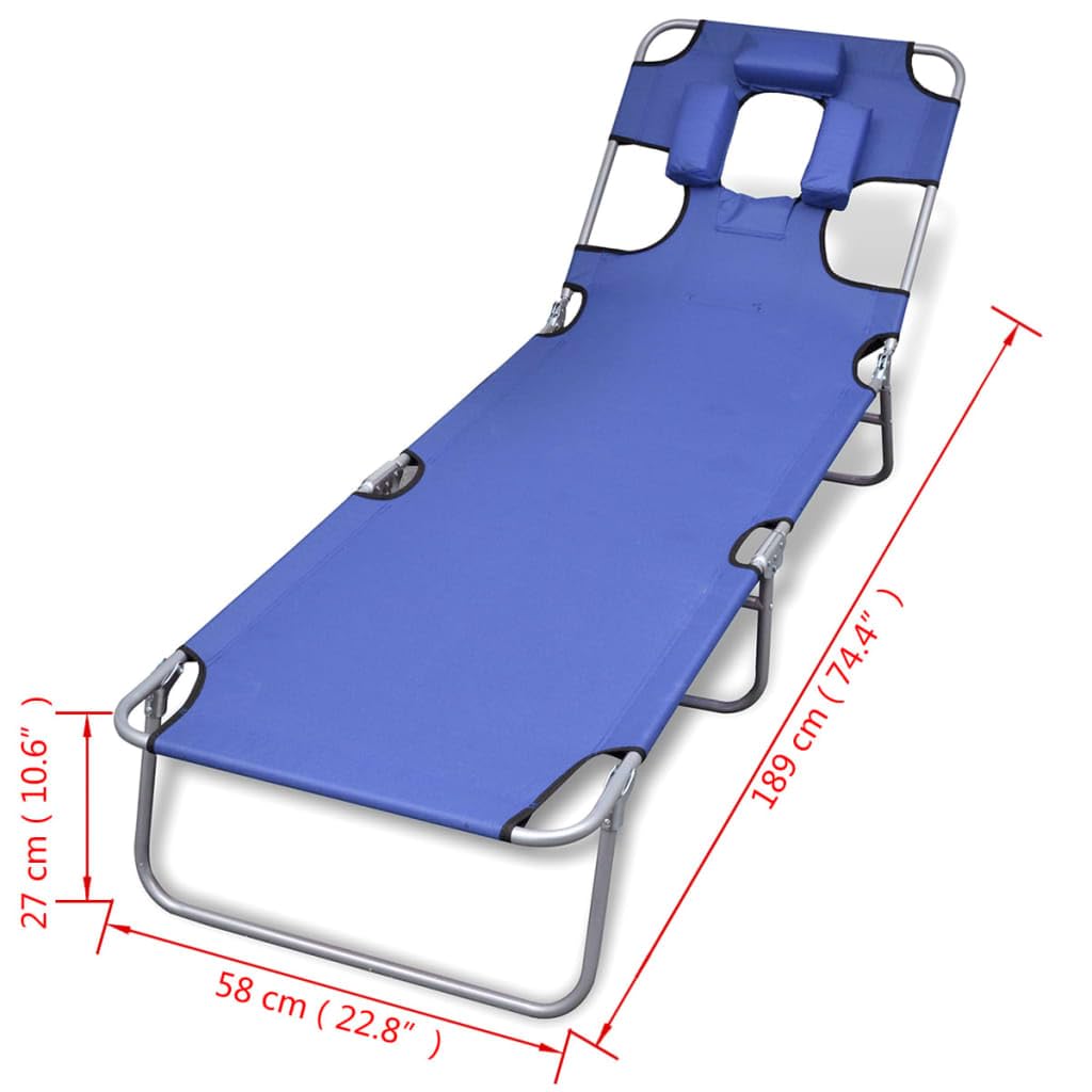 vidaXL Folding Sun Lounger with Head Cushion - Adjustable Backrest & Durable Powder-Coated Steel Frame - Compact Storage Design - Blue Outdoor Lounge Chair for Patio, Poolside & Beach Relaxation