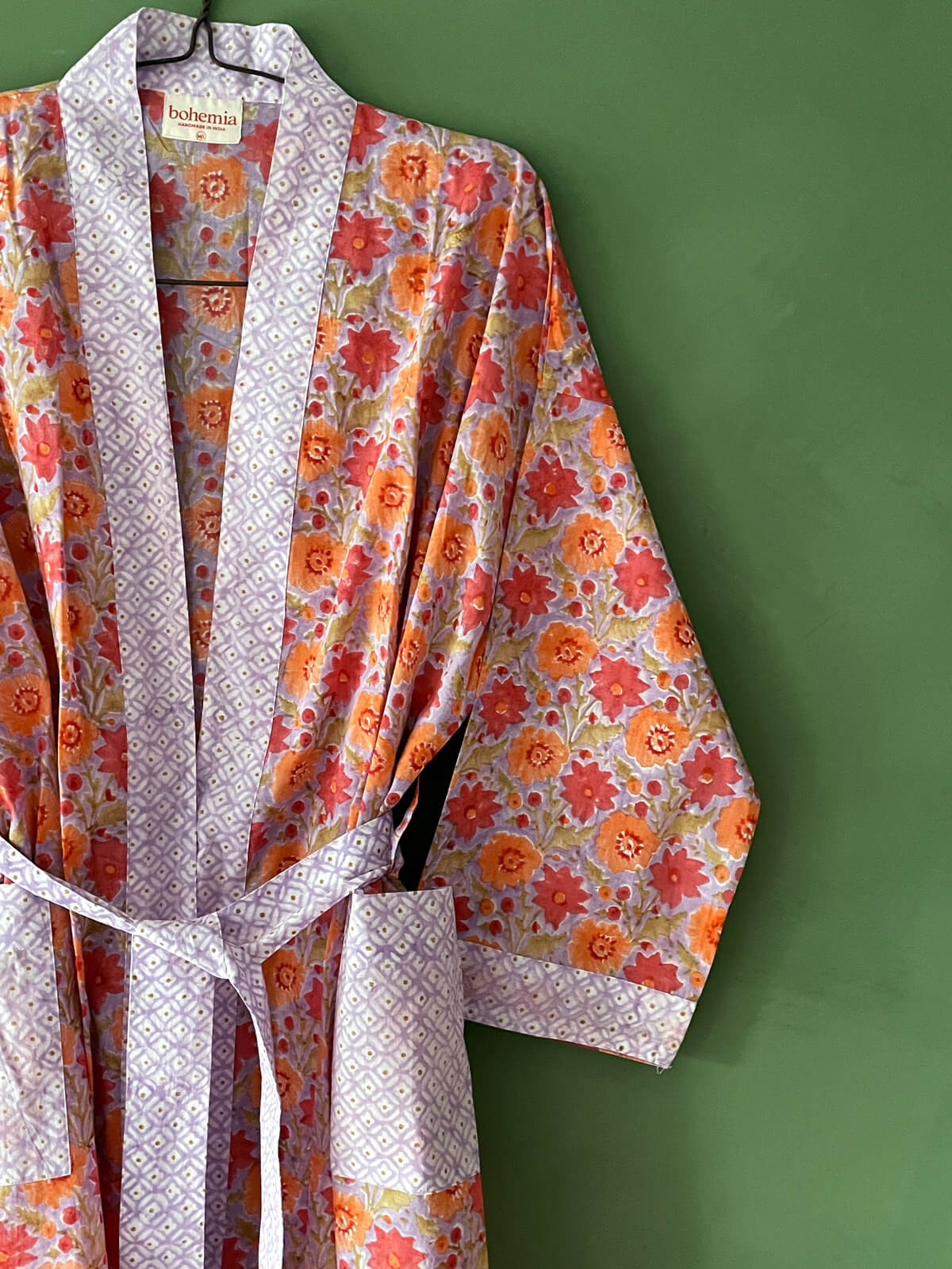 Handmade Block Print Cotton Robe - Soft Lilac Floral Kimono for Women | Perfect for Spa, Beach Cover-Up & Lounge Wear