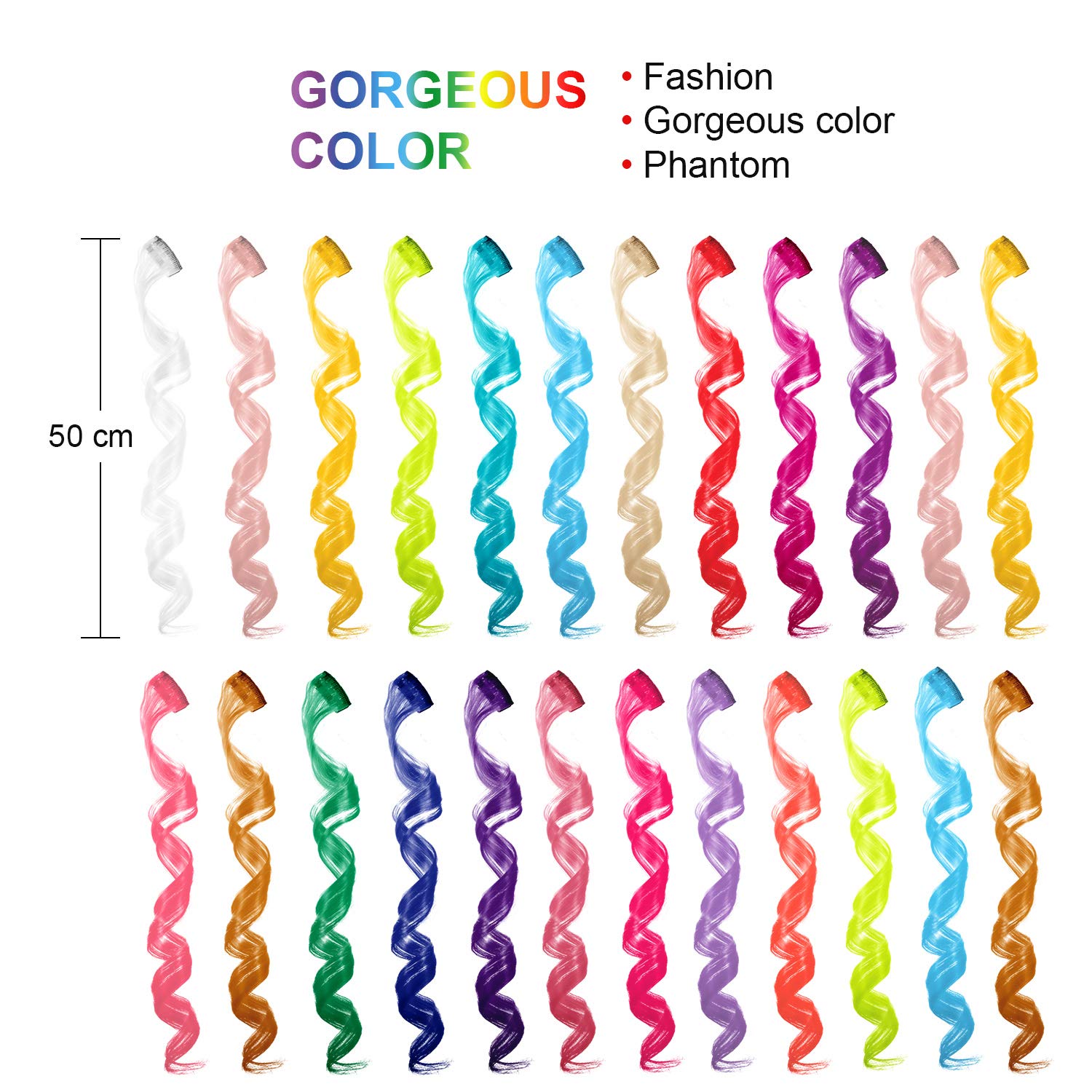 Blulu 24-Piece Clip-In Synthetic Hair Extensions - 20 Inch Curly Wavy Rainbow Hairpieces for Women (24 Colors) | Perfect for Parties, Cosplay & Festival Highlights