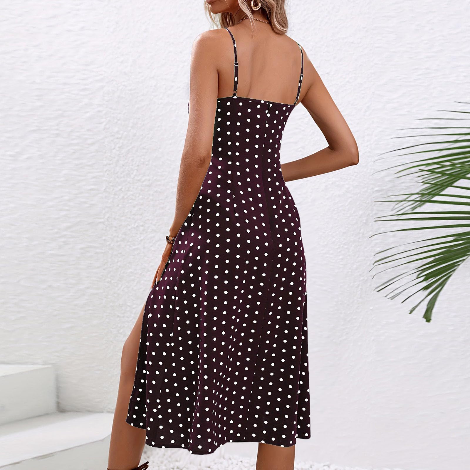2025 Women's Summer Dresses - Casual Spaghetti Strap Sundress with Polka Dot Print, Slim Fit & Knee-Length Boho Style with Side Slit | Perfect for Beach Vacations, Date Nights & Summer Parties