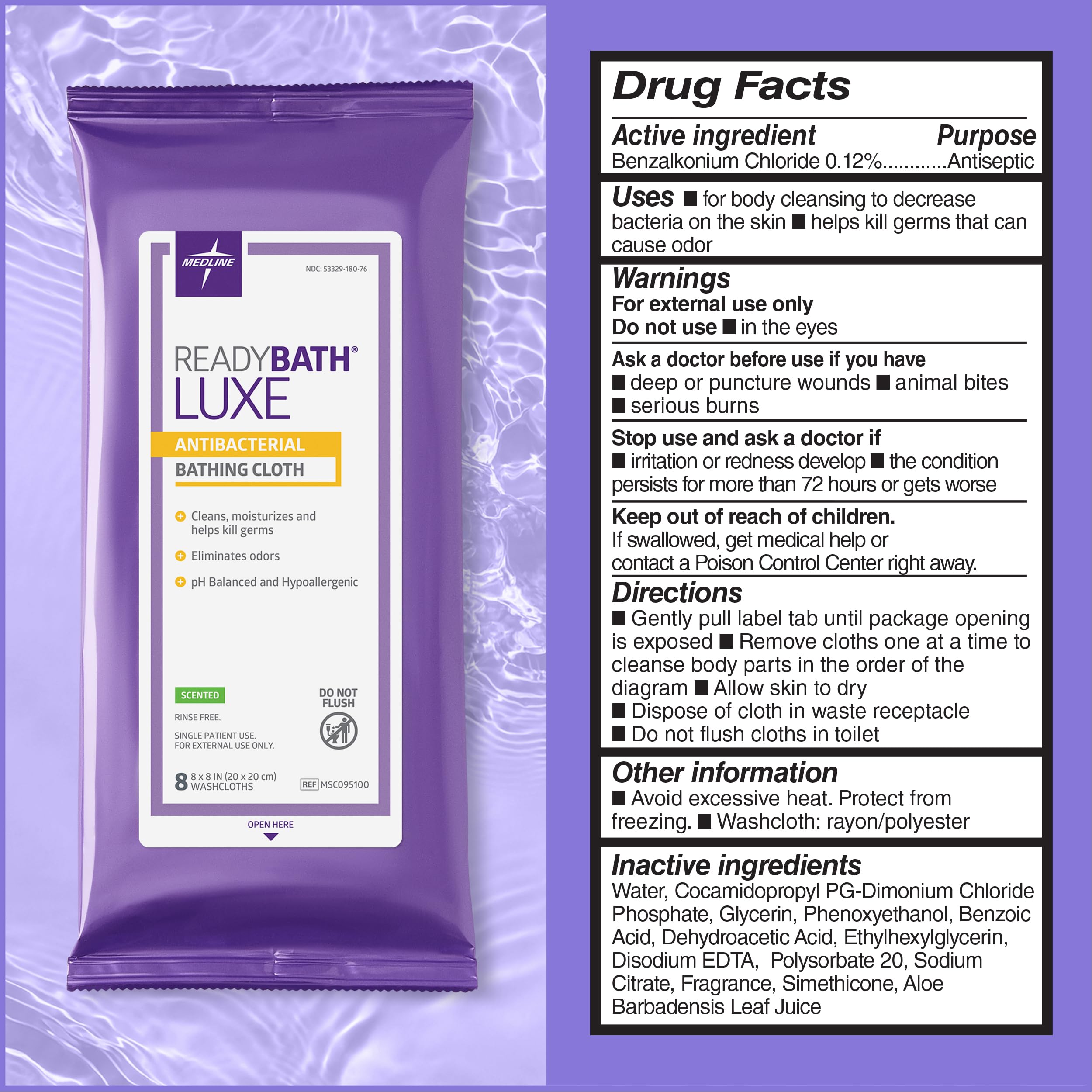 Medlind ReadyBath LUXE Scented Adult Bath Wipes - Extra Thick No Rinse Shower Wipes with Aloe for Sensitive Skin | Hypoallergenic & Alcohol-Free Body Wash Wipes (8 Count, 8x8 Inch) - Perfect for Travel, Post-Surgery Care, and Bedside Bathing