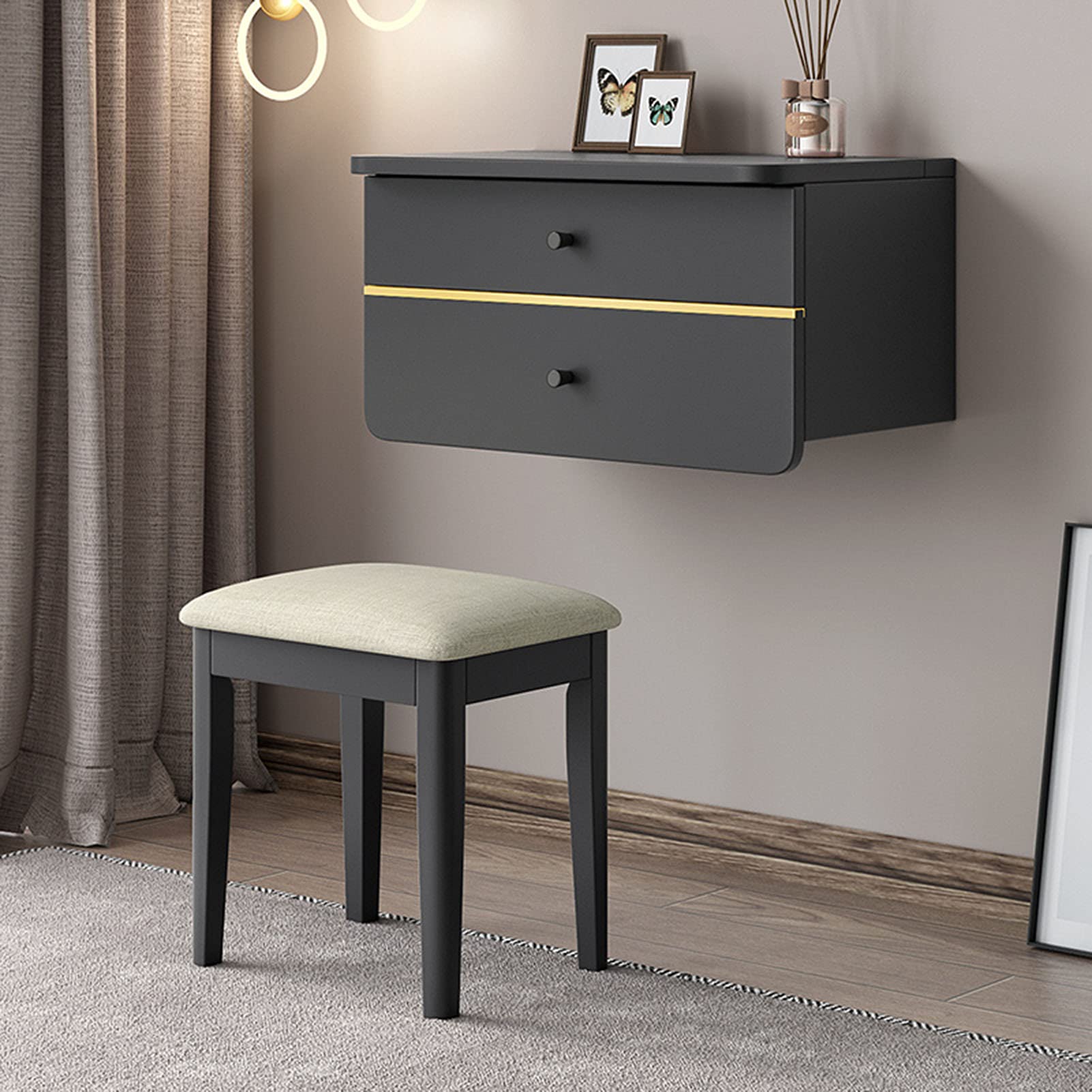 Wall-Mounted Dresser with Mirror & Stool - Space-Saving Bedroom Storage for Makeup & Dressing