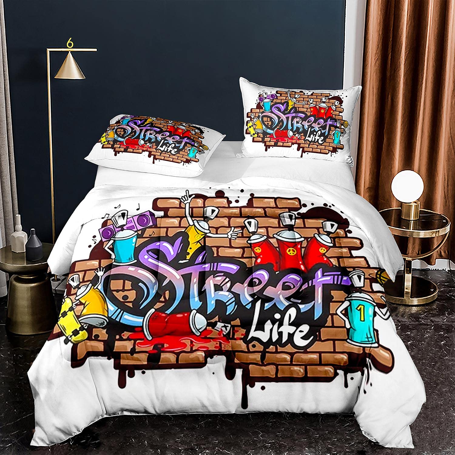 Trippy Hip Hop Street Art Graffiti King Size Bedding Set - 3 Piece Colorful Comforter with 2 Pillow Shams | Vibrant Urban Decor for Teen & Adult Bedrooms, Dorm Room Essentials, Music Lover Gift