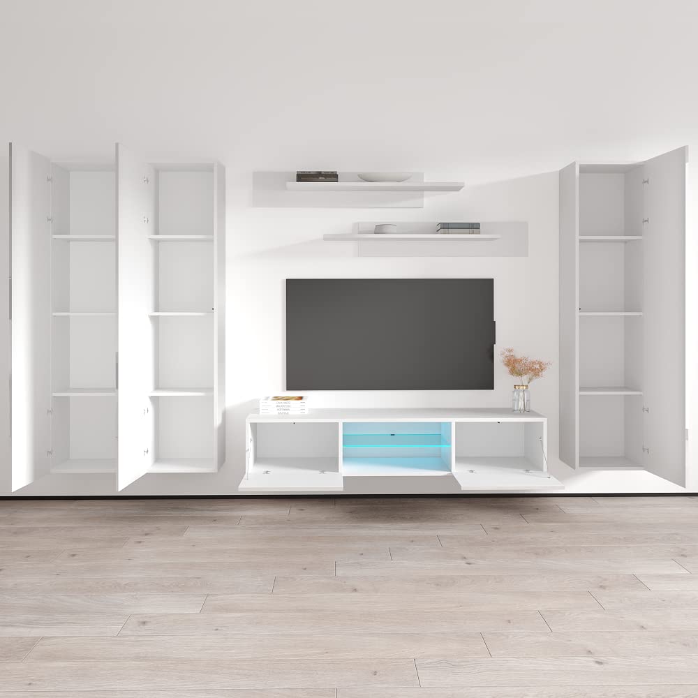 Modern Floating TV Stand with Storage & LED Lights - Wall-Mounted Entertainment Center for Bedroom & Living Room - White TV Console with Shelves - Perfect for Small Spaces & Home Theater Setup