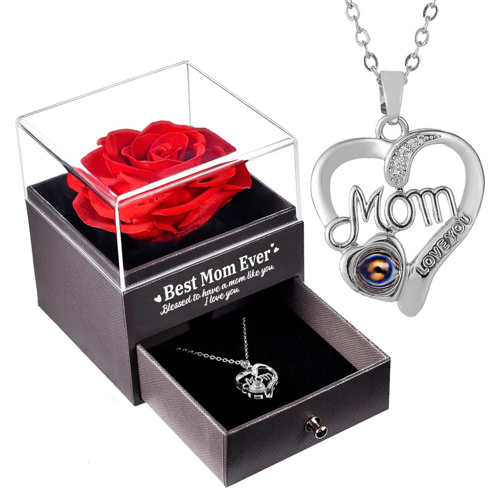 UQUI Preserved Rose Gift Box with 'I Love You' Necklace - Eternal Rose Christmas, Anniversary & Birthday Gifts for Mom, Wife, Women - Perfect for Mother's Day, Valentine's Day & Romantic Occasions