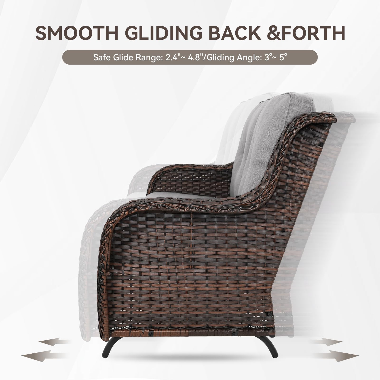 Brown Wicker Patio Loveseat Glider with Grey Cushions - Rattan Sofa with Curved Armrest & Thick Back/Seat Cushions for Garden, Balcony, Backyard - Perfect for Outdoor Relaxation & Entertaining