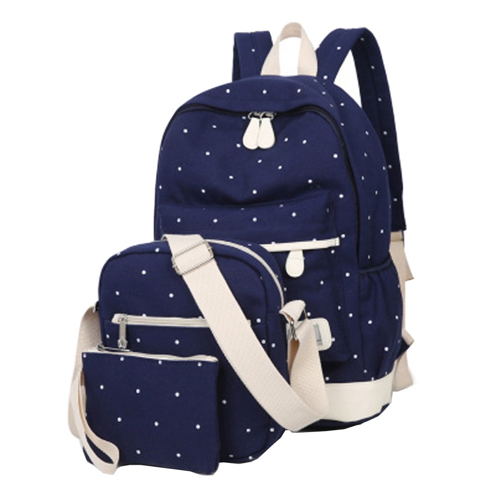 Hflove 3-Piece Polka Dot Backpack Set for Teen Girls - Cute Canvas School Backpack with Lunch Bag & Pencil Case - Perfect for Middle School, College & Travel (BP1821)