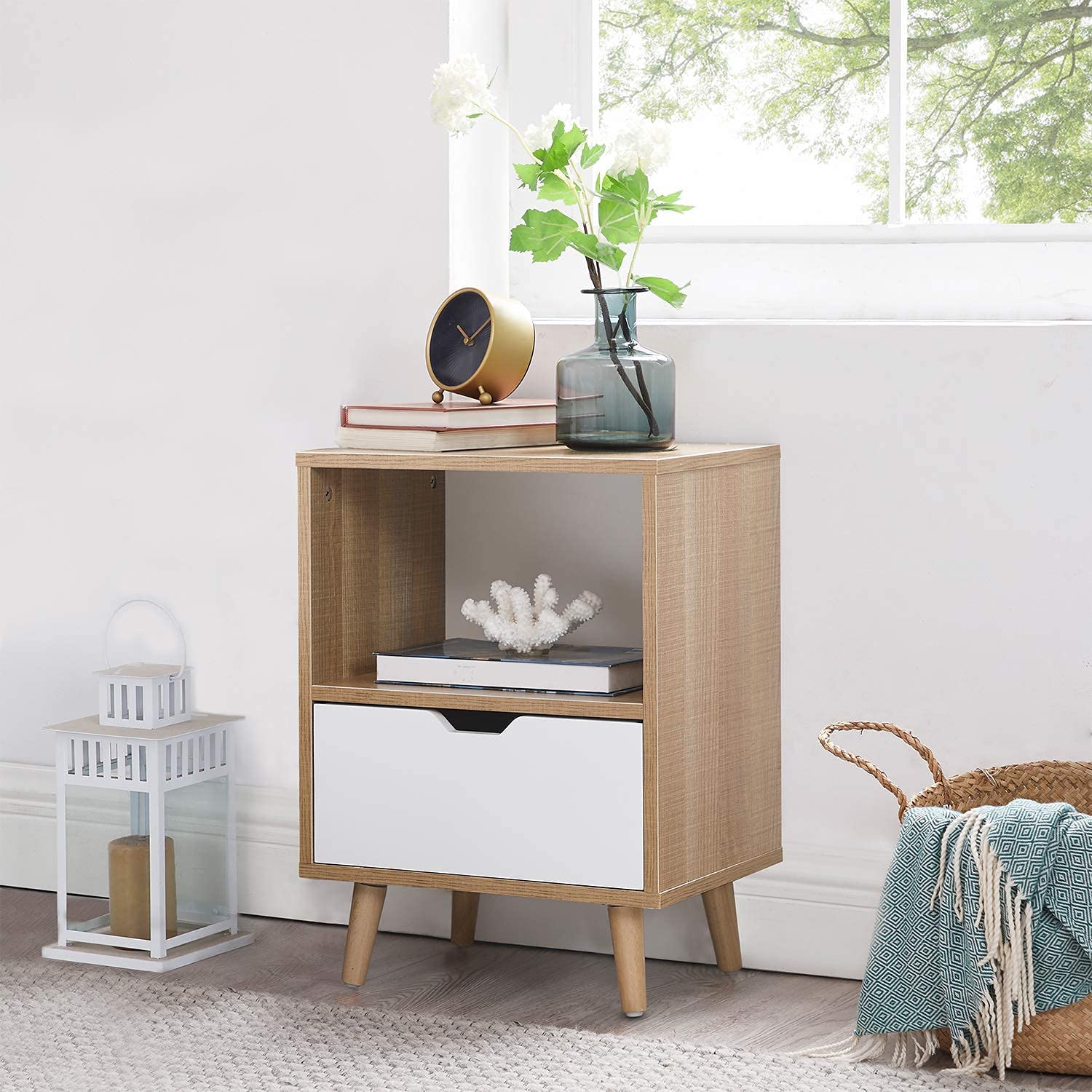 Modern Wooden Nightstand with Open Shelf & Storage Drawer - 2-Tier Bedside End Table with Anti-Slip Rubber Padded Legs, Set of 2, Tan - Perfect for Bedroom, Living Room, or Office Organization