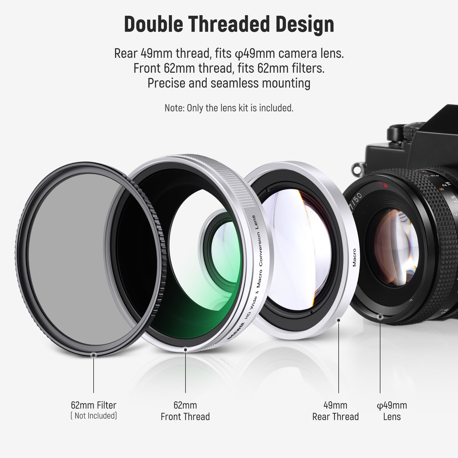 NEEWER LS 47 49mm 0.75x Wide Angle & 1.4x Macro Lens for Fujifilm X100 Series Cameras - Perfect for Landscape Photography and Close-Up Shots