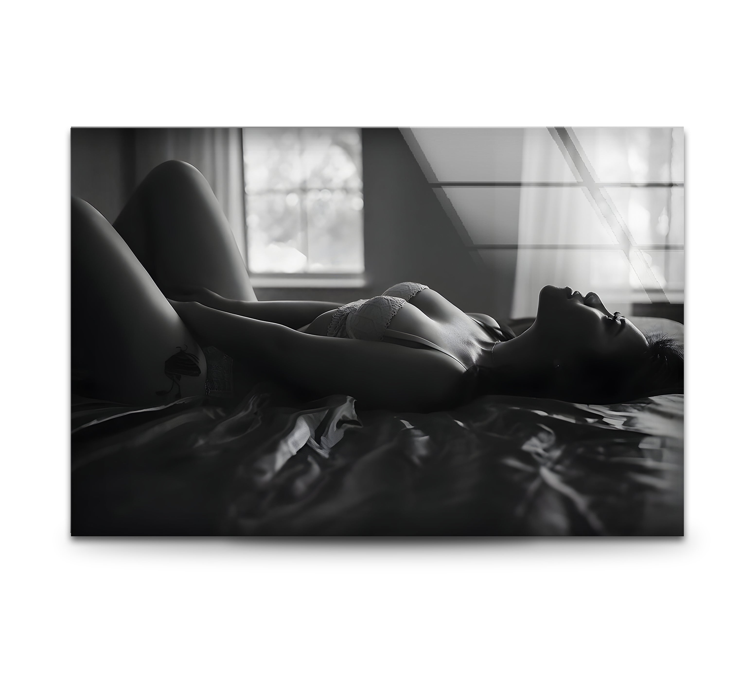 Black and White Woman on Bed Glass Wall Art - Elegant Home Decor for Living Room, Bedroom & Office - Perfect for Modern Interior Design