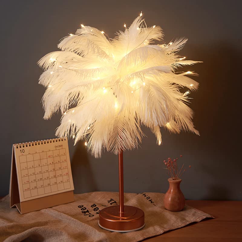 Ostrich Feather Night Light - LED Desk Lamp with Remote Control, Decorative Atmosphere Light for Girls Room, Living Room, Bedroom (White, Large) | Perfect for Bedside, Nursery, and Home Decor