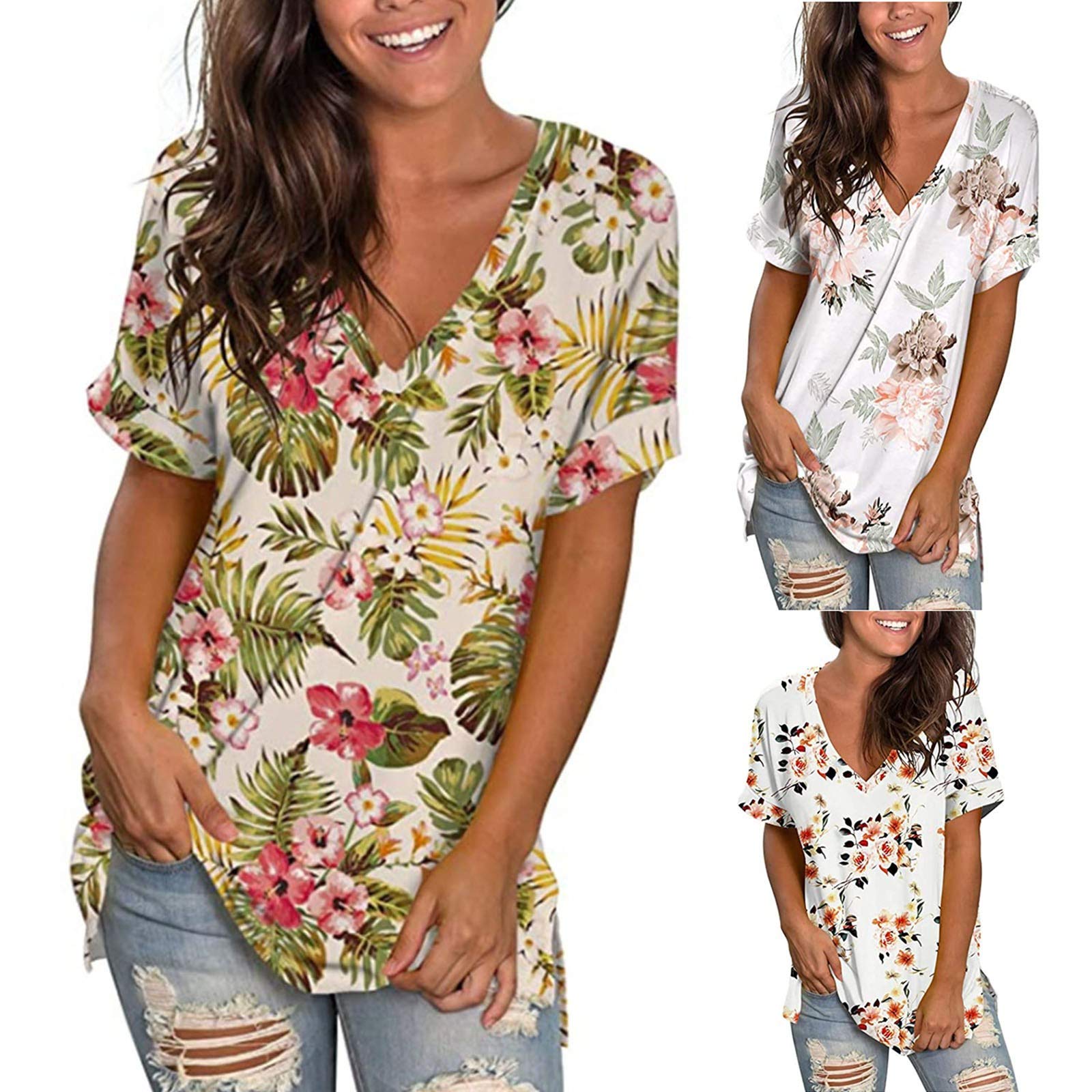 WENY Women's Summer Short Sleeve V-Neck Floral Lace Blouse - Casual T-Shirt Top for Everyday Wear, Office, Date Night & Outdoor Activities