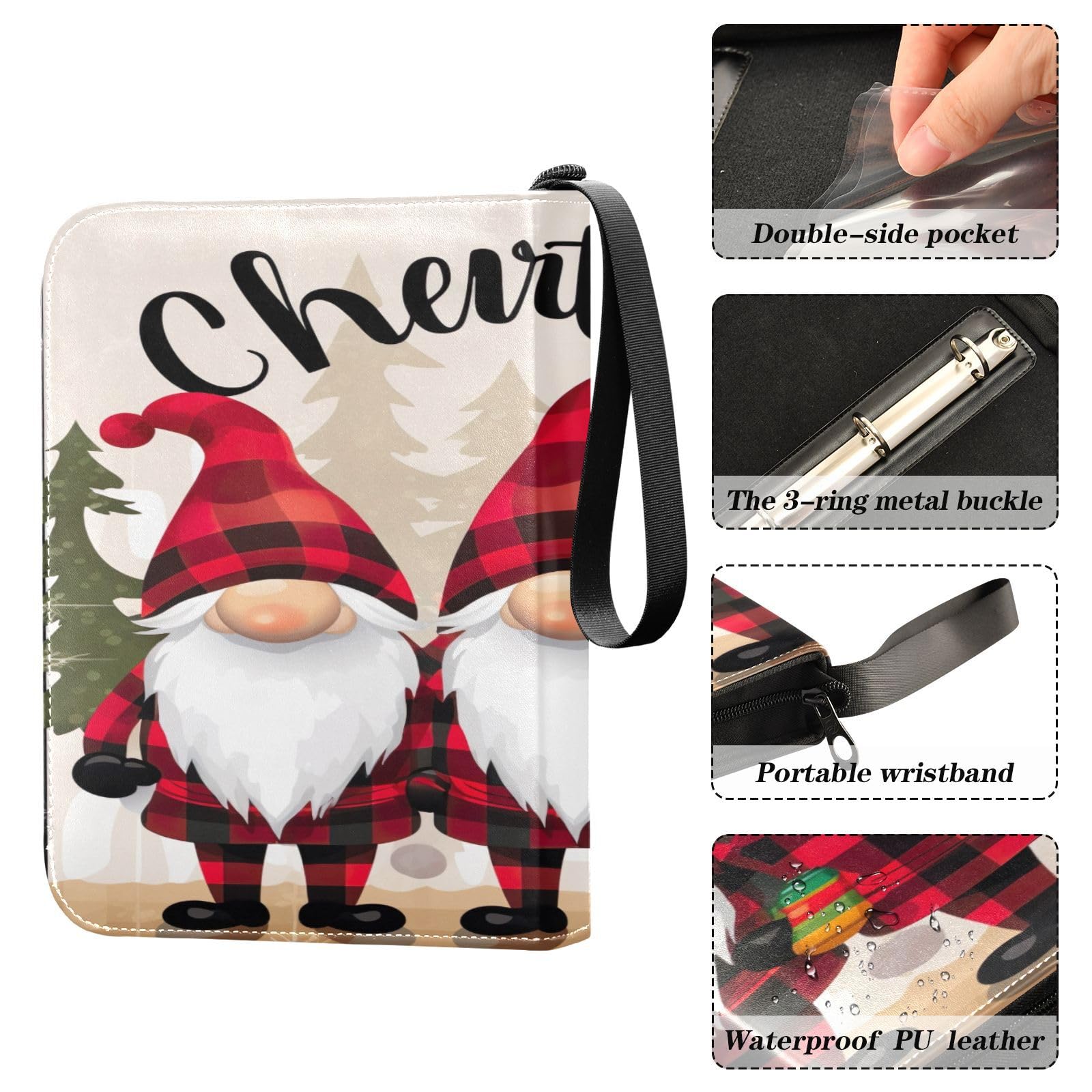 Buffalo Plaid Christmas Winter Gnome 4-Pocket Trading Card Binder - Holds 400 Cards with 50 Sleeves, 3-Ring Album for Football Game Cards | Perfect for Collectors, TCG Players & Holiday Gifts
